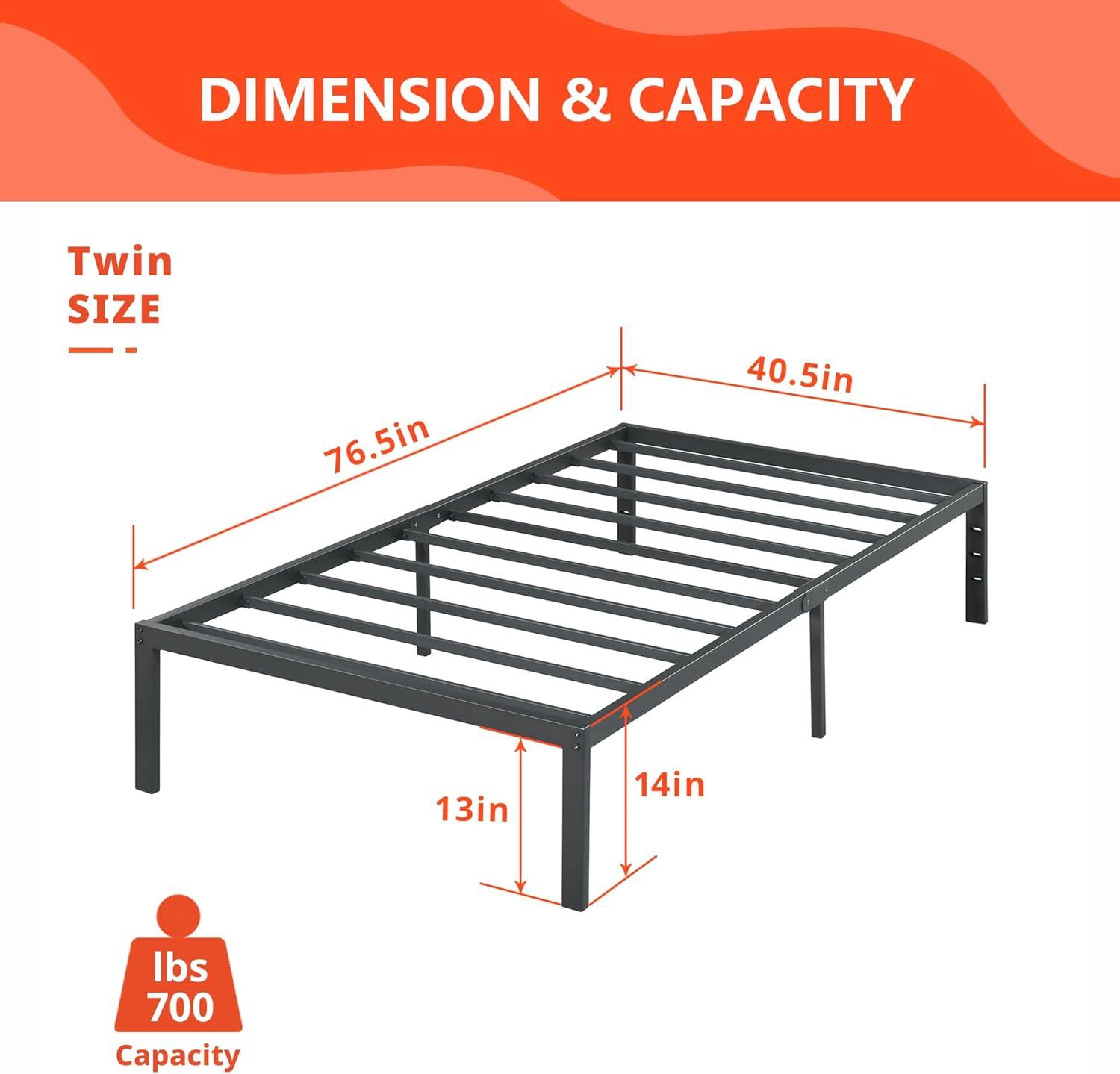 PrimaSleep Platform 14 inch Dura Metal Steel Slate Bed Frame/Noise Free, Twin, Black