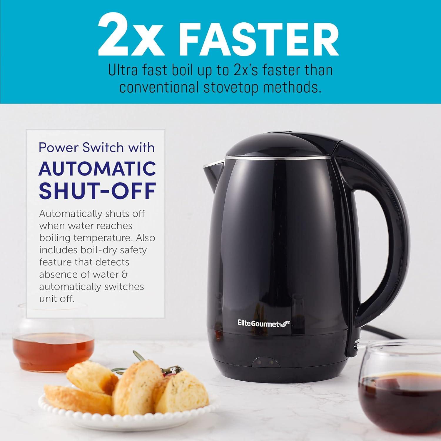 Elite Gourmet 1.8L Cool-Touch Electric Kettle, Stainless Steel, Black