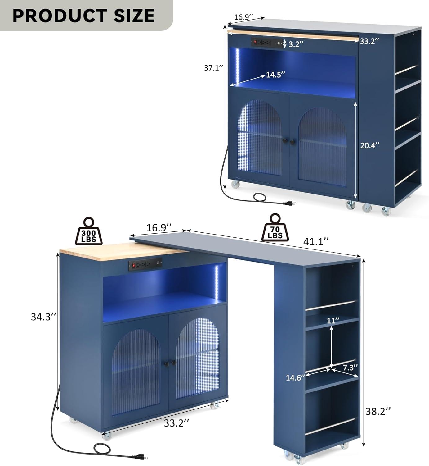 Kitchen Island Cart with Extended Table, Rolling Kitchen Island with LED Lights, Power Outlets and 2 Fluted Glass Doors, Side Table on Wheels with Storage Cabinet and 3 Open Shelves, Navy Blue