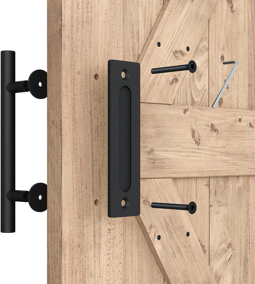 Heavy Duty 12" Pull and Flush Barn Door Handle Set, Large Rustic Two-Side Design, for Gates Garages Sheds Furniture, Solid Steel Material, Round, Black