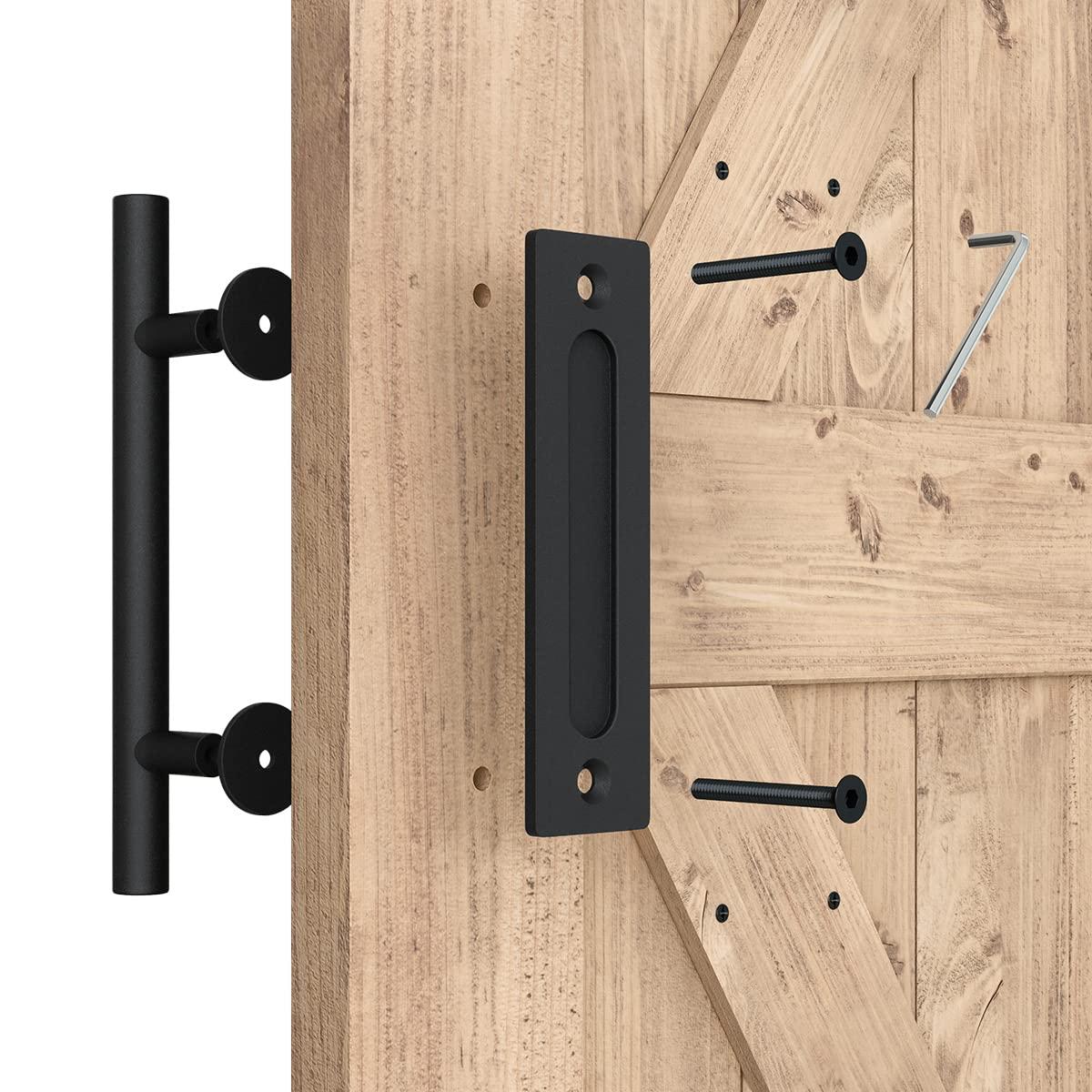 Heavy Duty 12" Pull and Flush Barn Door Handle Set, Large Rustic Two-Side Design, for Gates Garages Sheds Furniture, Solid Steel Material, Round, Black