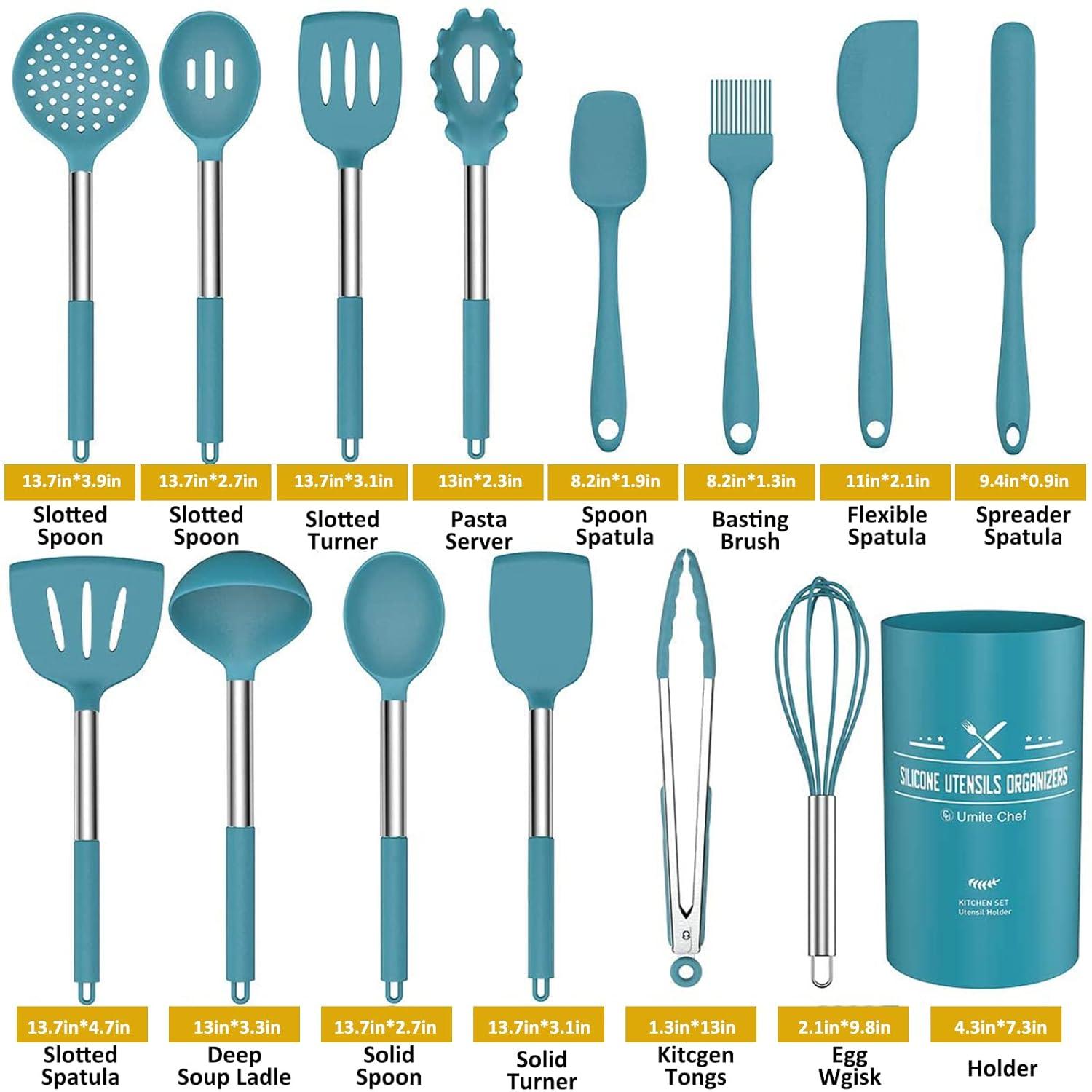 15 PCS Silicone Kitchen Cooking Utensils Set, Heat-Resistant Utensil Set with Premium Stainless Handles for Cooking and Baking, Non-Stick Spatula Kitchen Gadgets Cookware Set(Blue)