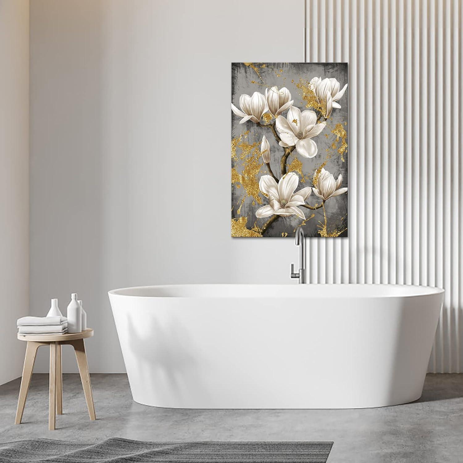 Elegant White Magnolia Canvas with Gold Accents 24"x36"