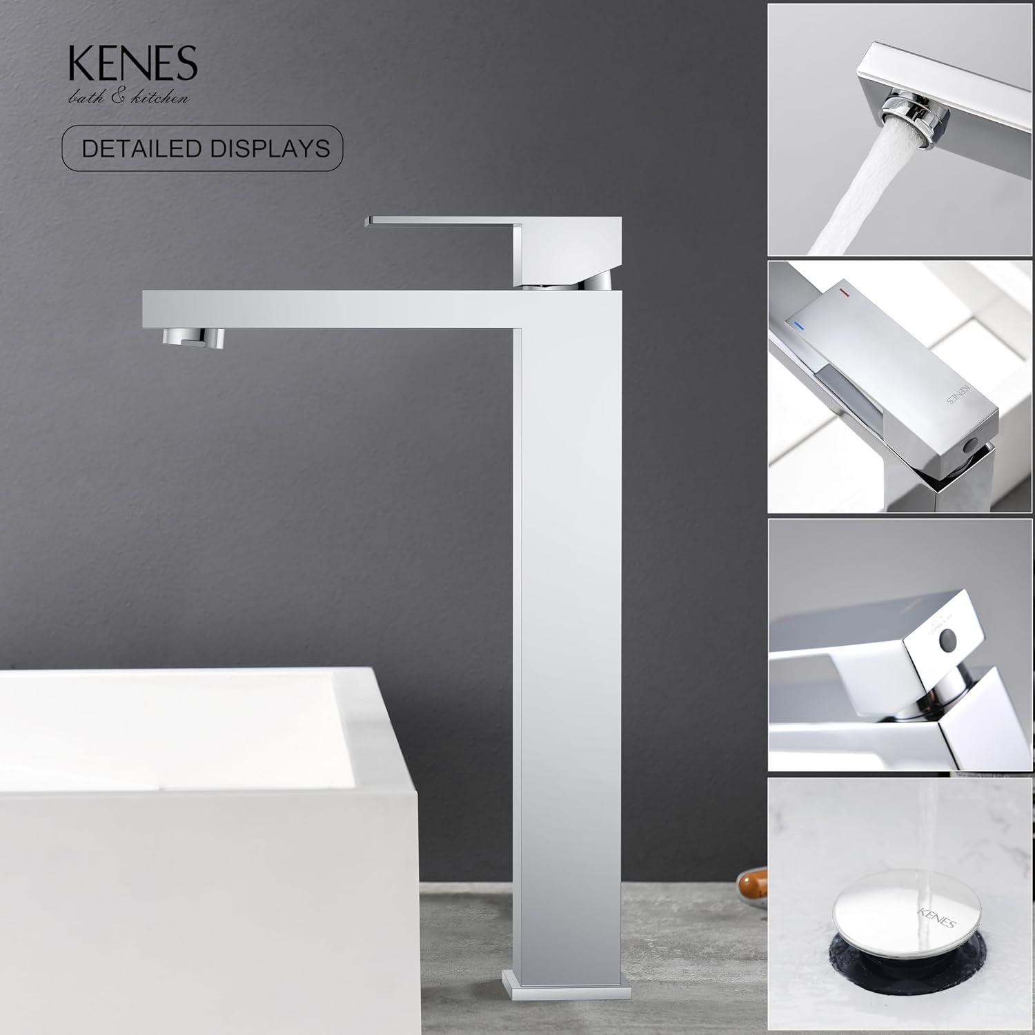 KENES Chrome Bowl Vessel Sink Facuet Single Handle Tall Bathroom Sink Faucet Bathroom Vanity Faucet Basin Mixer Tap with Water Supply Lines and Pop Up Sink Drain, LJ-9031A-5