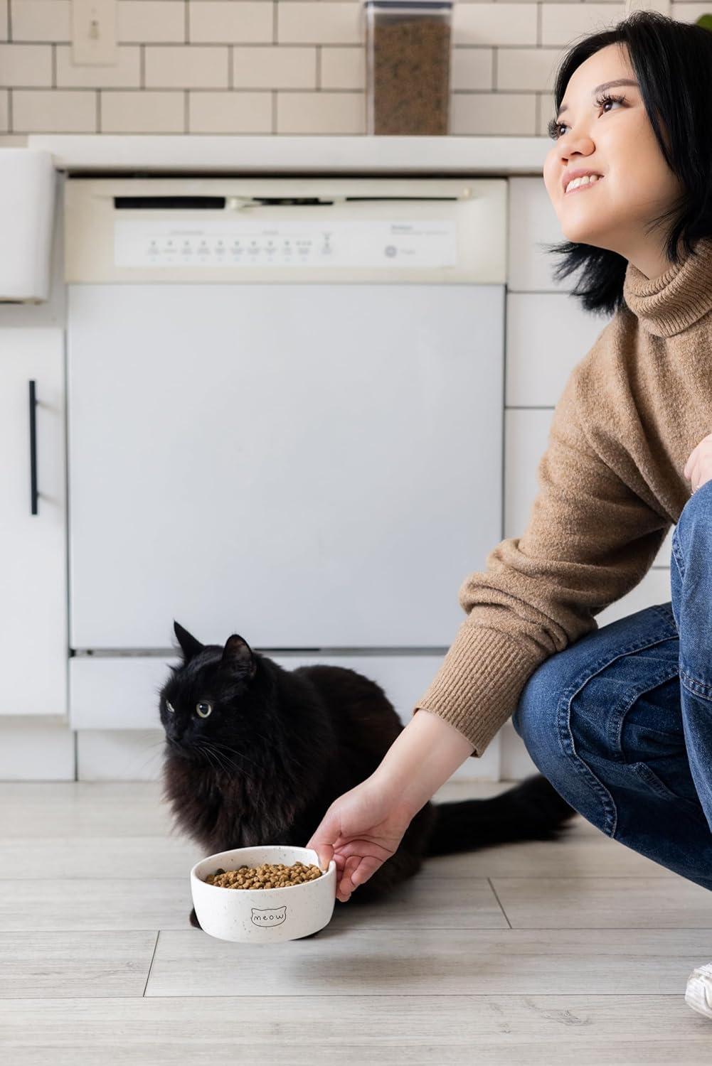 Pearhead Meow Ceramic Cat Bowl, Holds 1.3 Cups, Small Food and Water Bowl for Cats, Pet Dish, Microwave and Dishwasher Safe