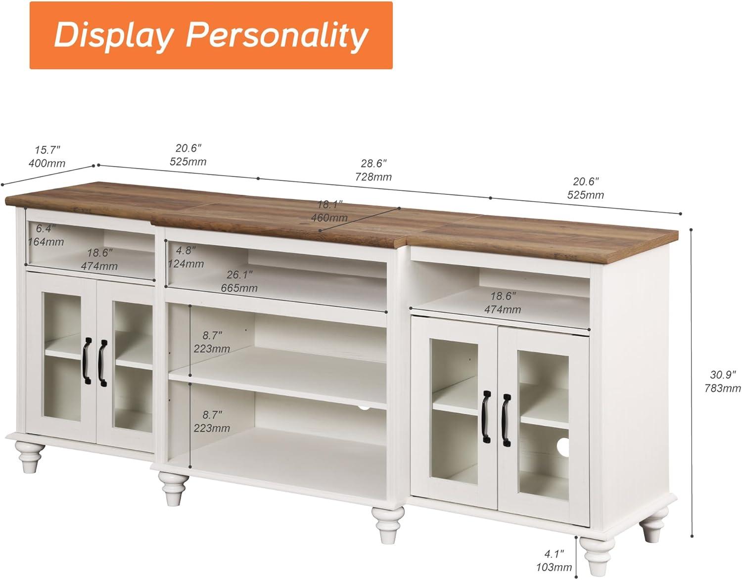 Farmhouse TV Stand for 75 inch TV, 4-Door Glass Wood Entertainment Center with 9 Storage Cabinets, White Media Console Table for Living Room Bedroom，White