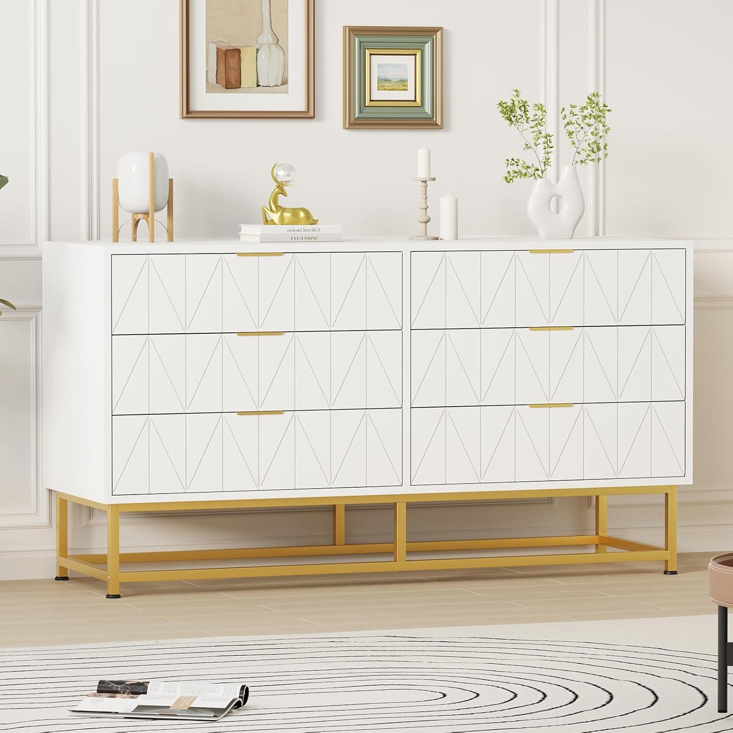 Towallmark Dresser for Bedroom, 6 Drawer Dresser with Metal Legs, Wood Dresser Chest Organizer with Wide Storage, Modern Chest of Drawers for Bedroom, Living Room, Hallway，White