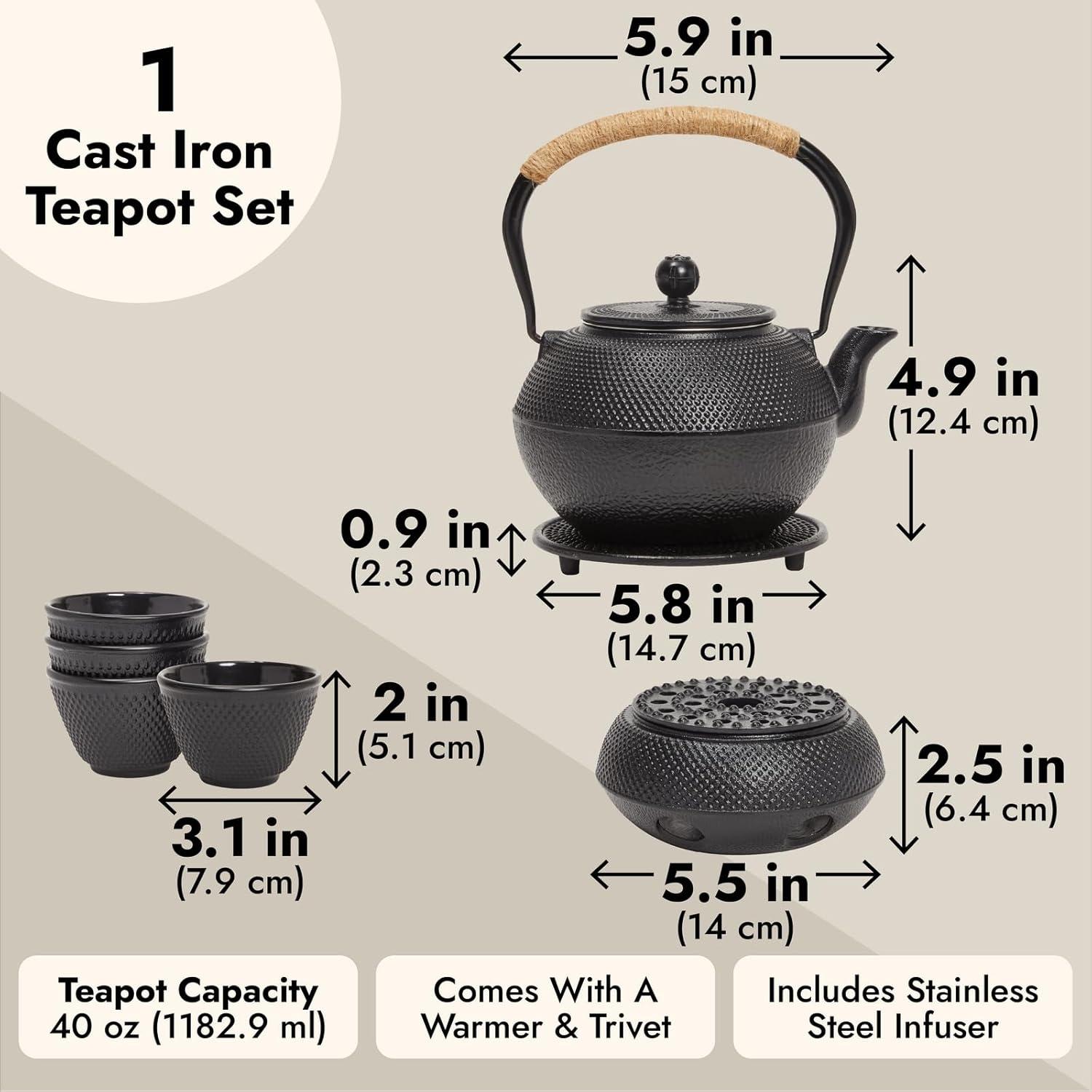 Black Cast Iron Japanese Tea Set with Infuser and Trivet