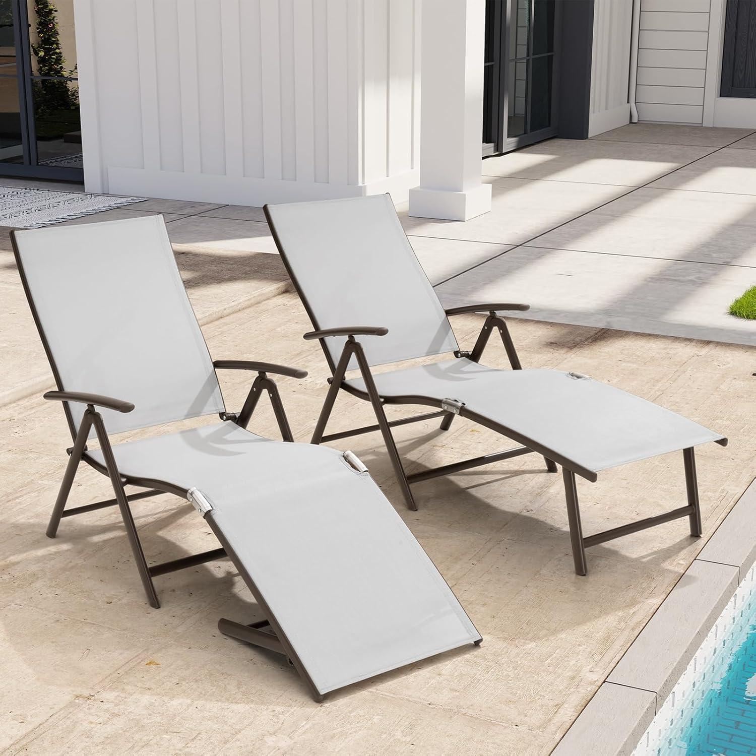 2pc Outdoor Aluminum Adjustable Chaise Lounges - Light Gray - Crestlive Products