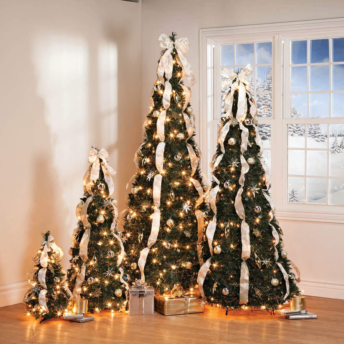 4' Silver & Gold Pull-Up Christmas Tree by Holiday Peak, Pre-Lit and Fully Decorated, Collapses for Easy Storage