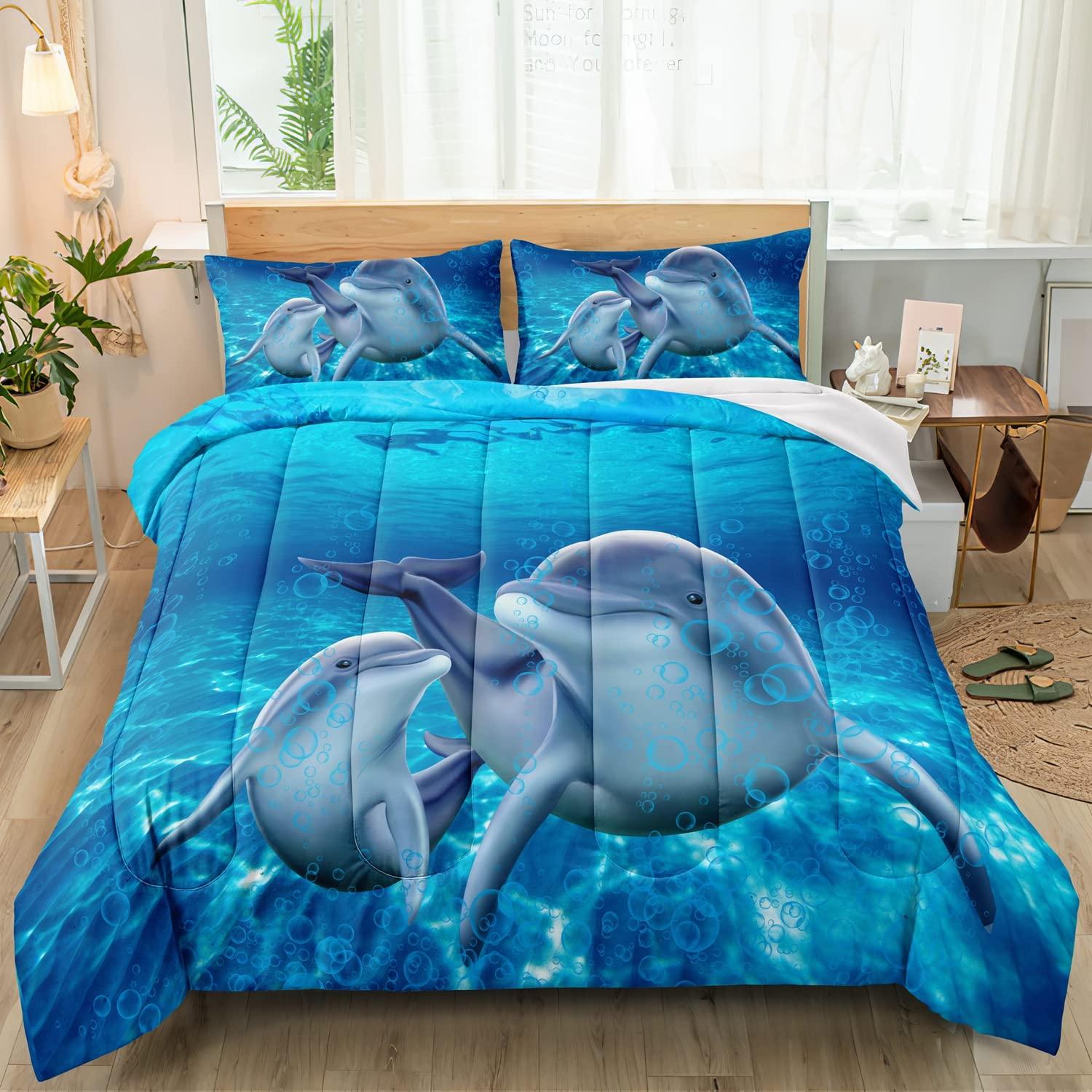 Erosebridal Dolphin Bedding Set Cute Dolphin Jumping Teal Blue Ocean Animal Comforter Set Dolphin Sea Animal Bedding Comforter Sets Queen Size - 1 Comforter with 2 Pillowcases