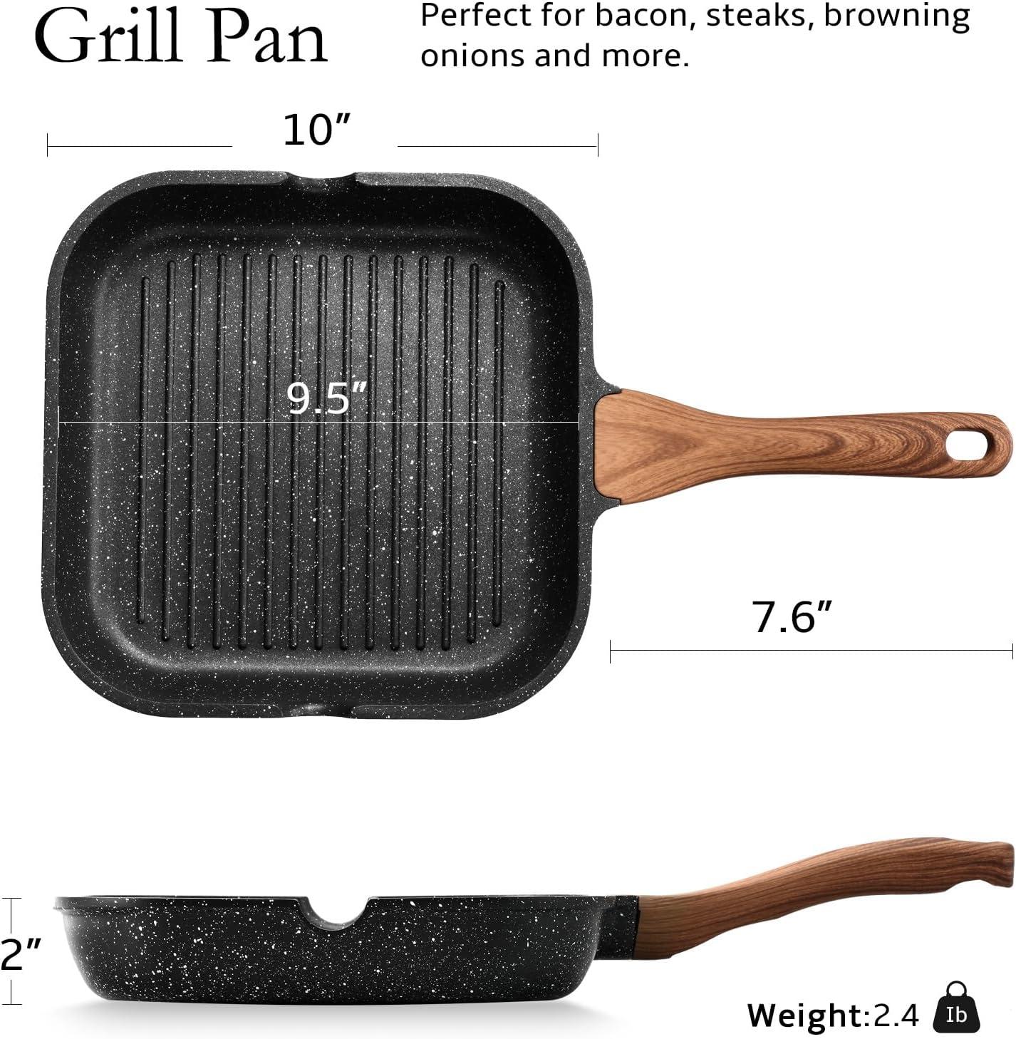 Black Nonstick Granite Coating Square Grill Pan with Wooden Handle