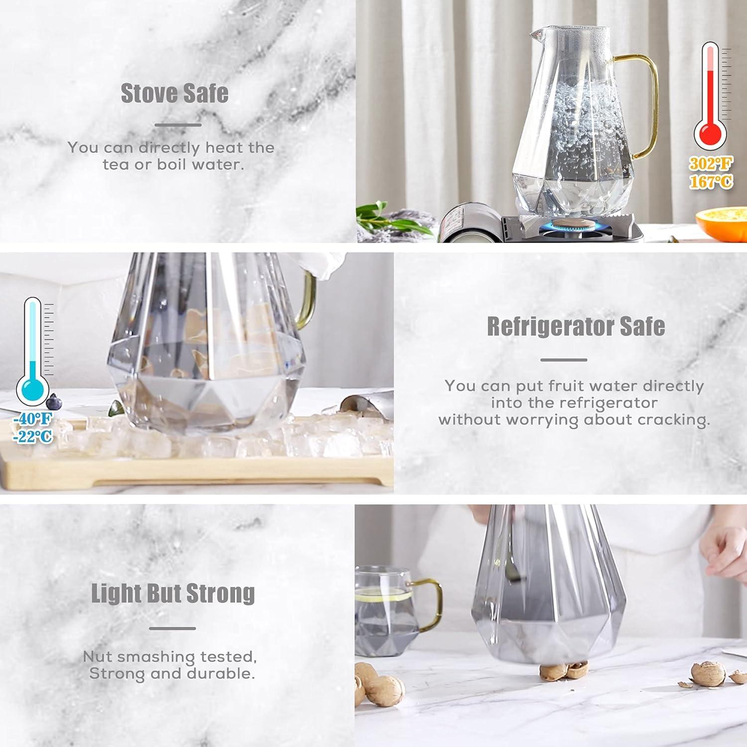 DUJUST Glass Pitcher Set (68 oz) with 4 Cups & 1 Tray, Elegant Diamond Design Water Pitcher with Handle, Durable Glass Jug for Fridge, Glass Carafe for Iced Tea/Juice/Beverage/Coffee/Drinks