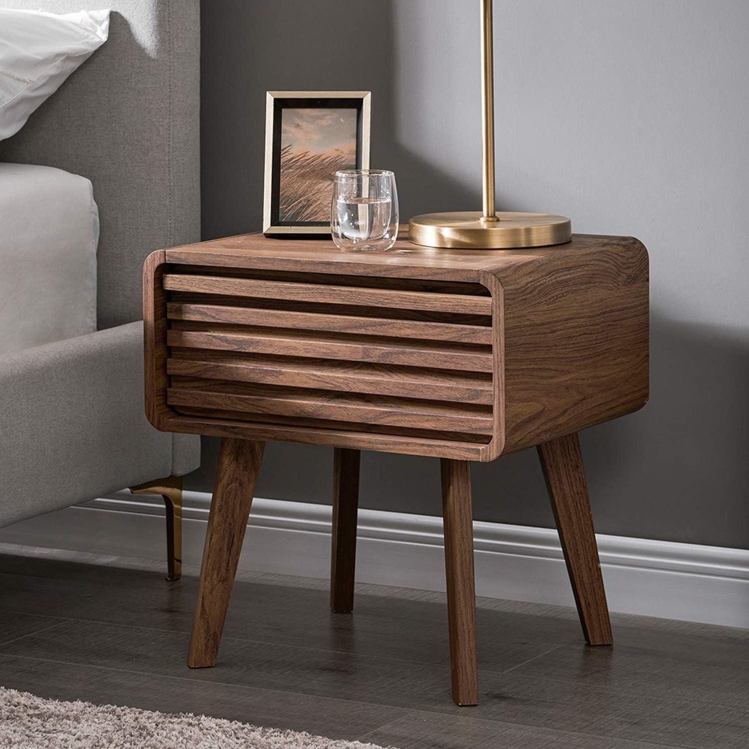 Walnut Grain Mid Century Modern Nightstand with Slatted Drawer