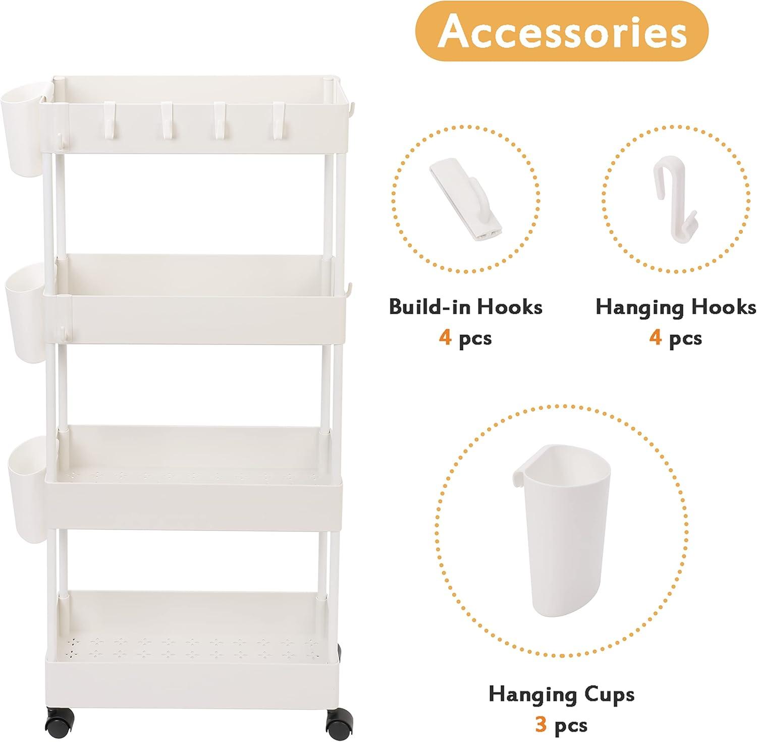 White 4-Tier Slim Rolling Utility Cart with Mesh Baskets