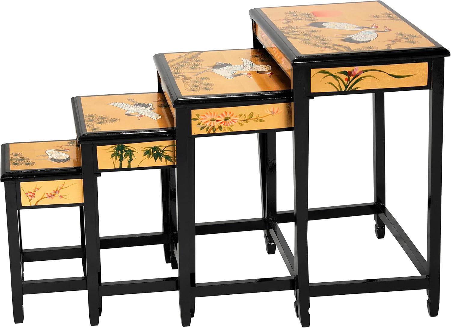 Gold Lacquer Cranes Design Nesting Tables Set