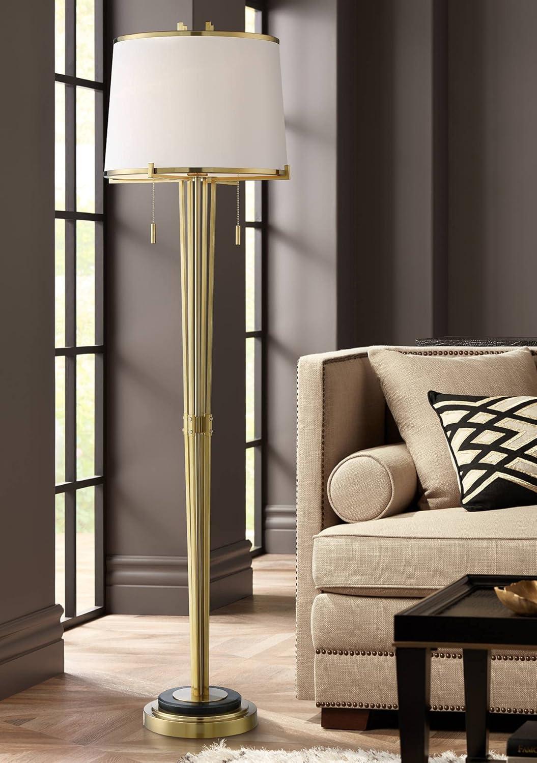 Possini Euro Design Palisade Modern Floor Lamp 64" Tall Satin Brass Metal Trimmed Fabric Tapered Drum Shade for Living Room Bedroom Office House Home