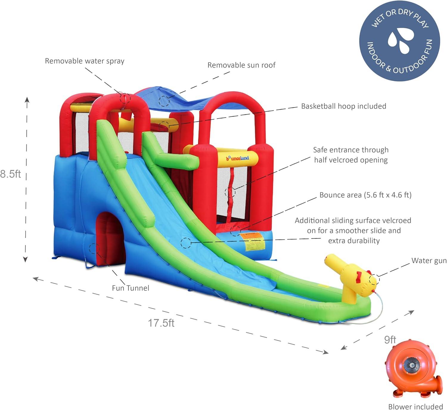Bounceland Inflatable 8.5' x 17.5' Bounce House Water Slide and Air Blower