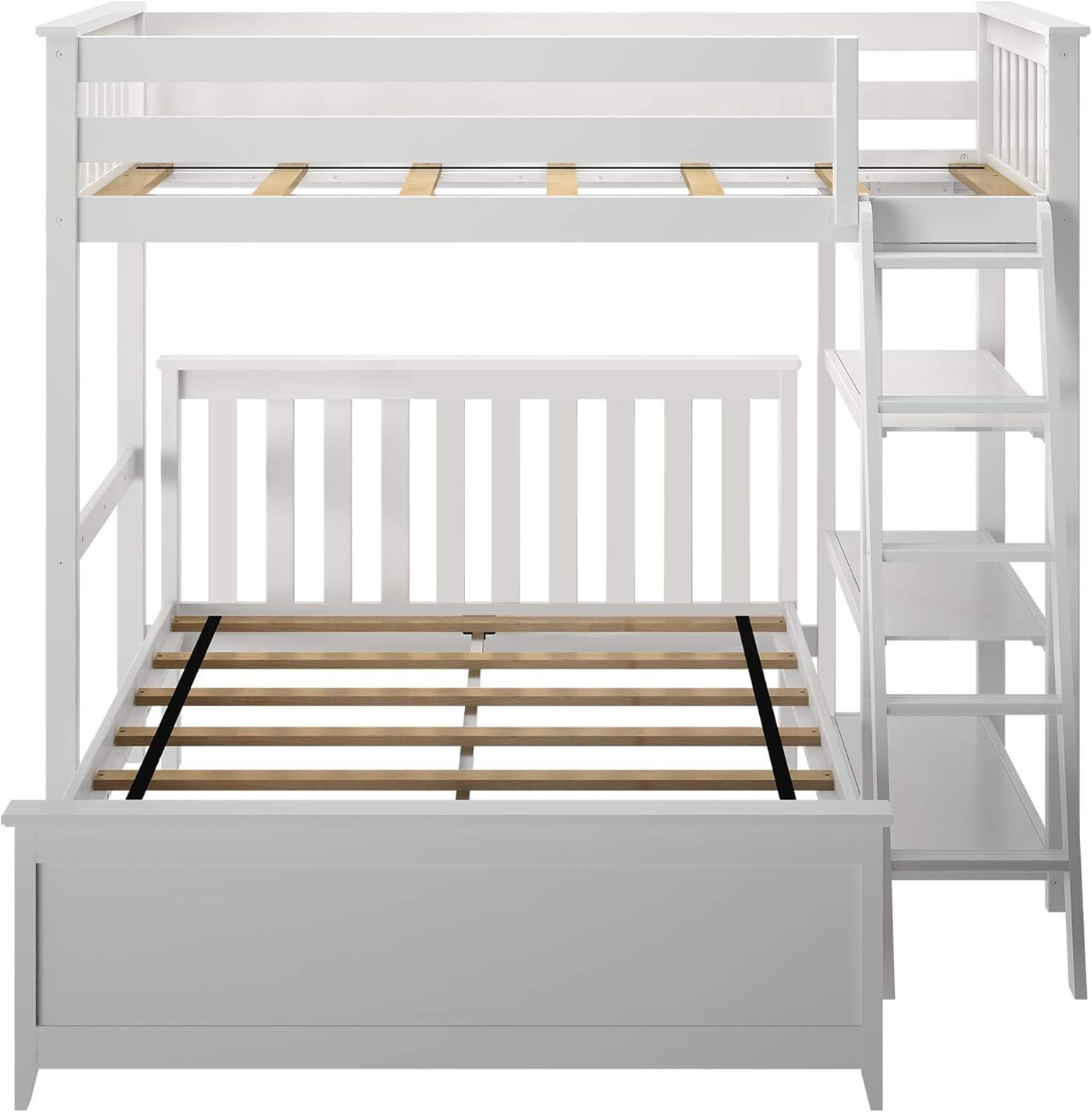 Max & Lily Solid wood L-Shaped Bunk Bed, Twin over Full with Bookcase for Kids, White