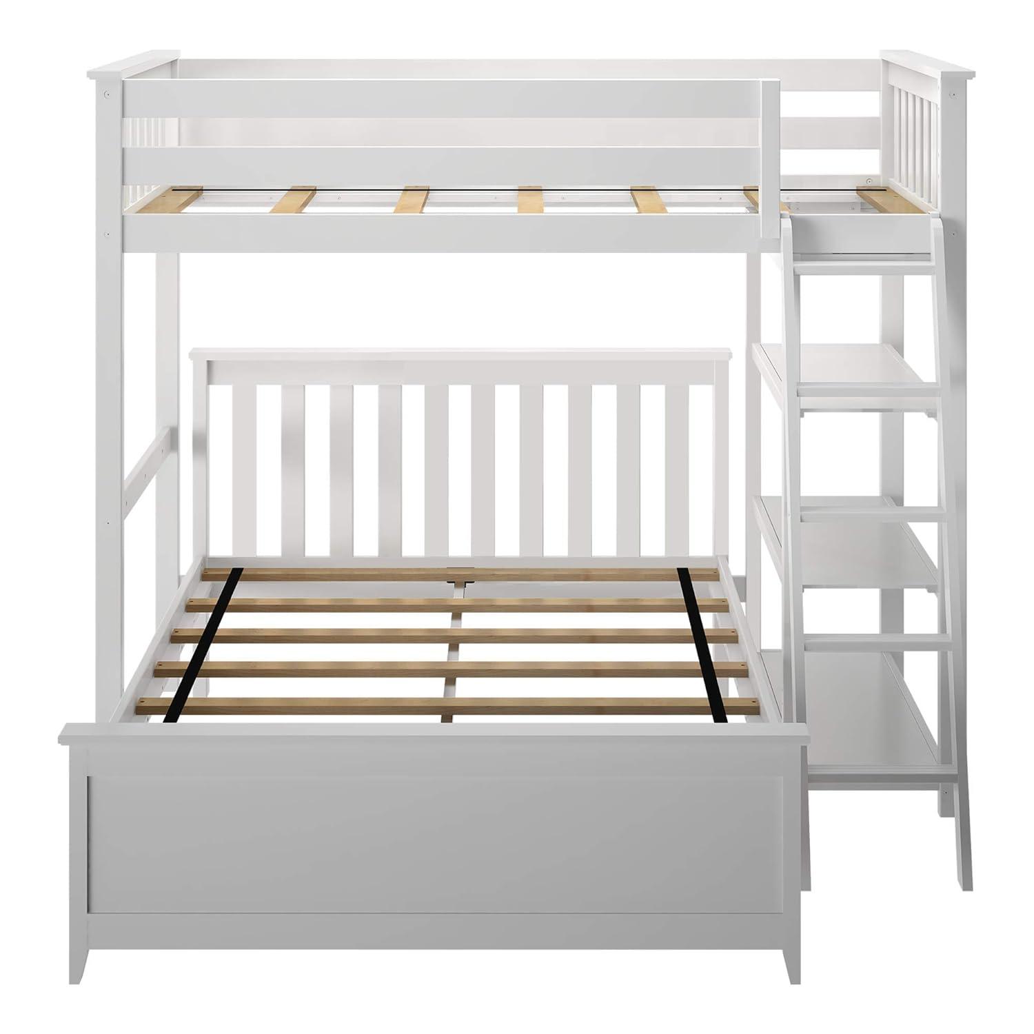 Max & Lily Solid wood L-Shaped Bunk Bed, Twin over Full with Bookcase for Kids, White