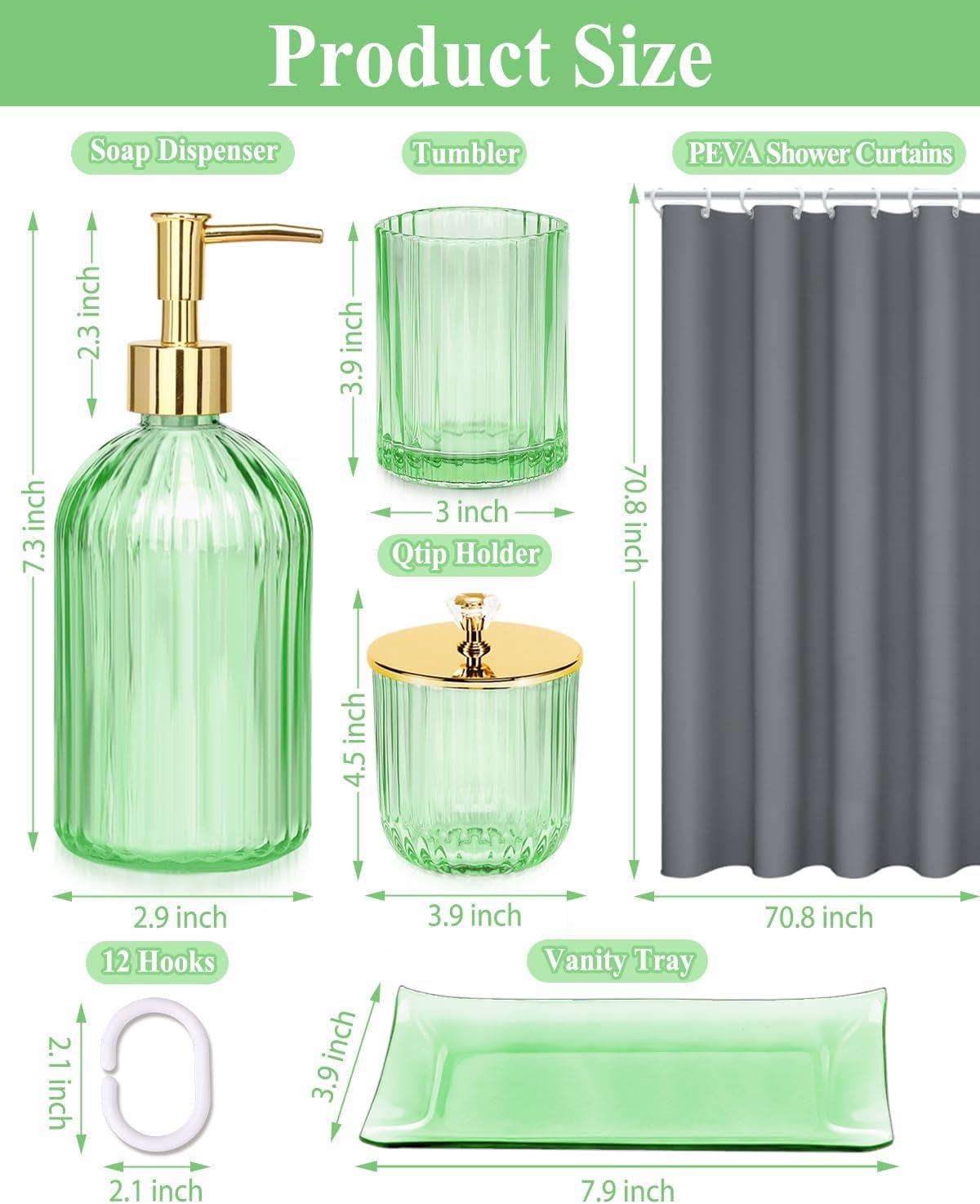 Green Glass Bathroom Accessory Set with Gold Accents