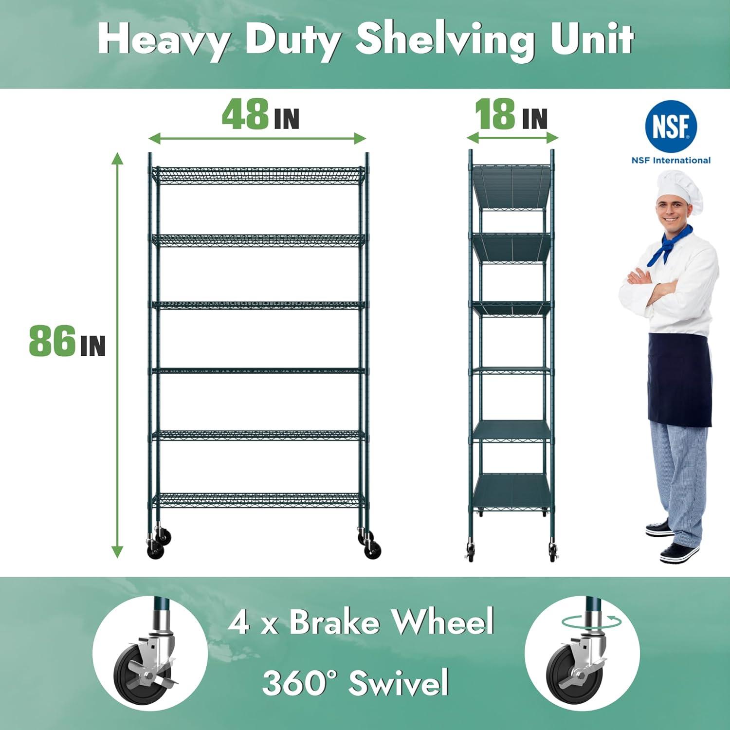 APLSS NSF 4-Tier Green-Epoxy Storage Shelves, 18"x48"x63", Moist&Dry Enviroments, Commercial Heavy Duty Steel Wire Shelving Unit with Wheels, Walk-in Cooler&Freezer Dishroom Kitchen