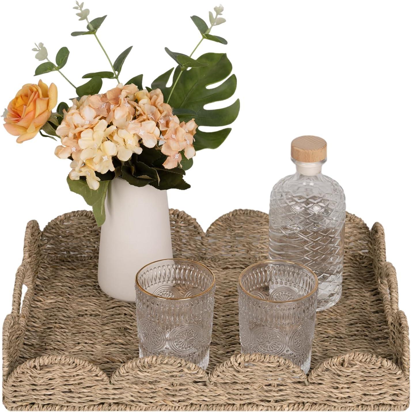 Natural Seagrass Scalloped Edge Wicker Serving Tray with Handles