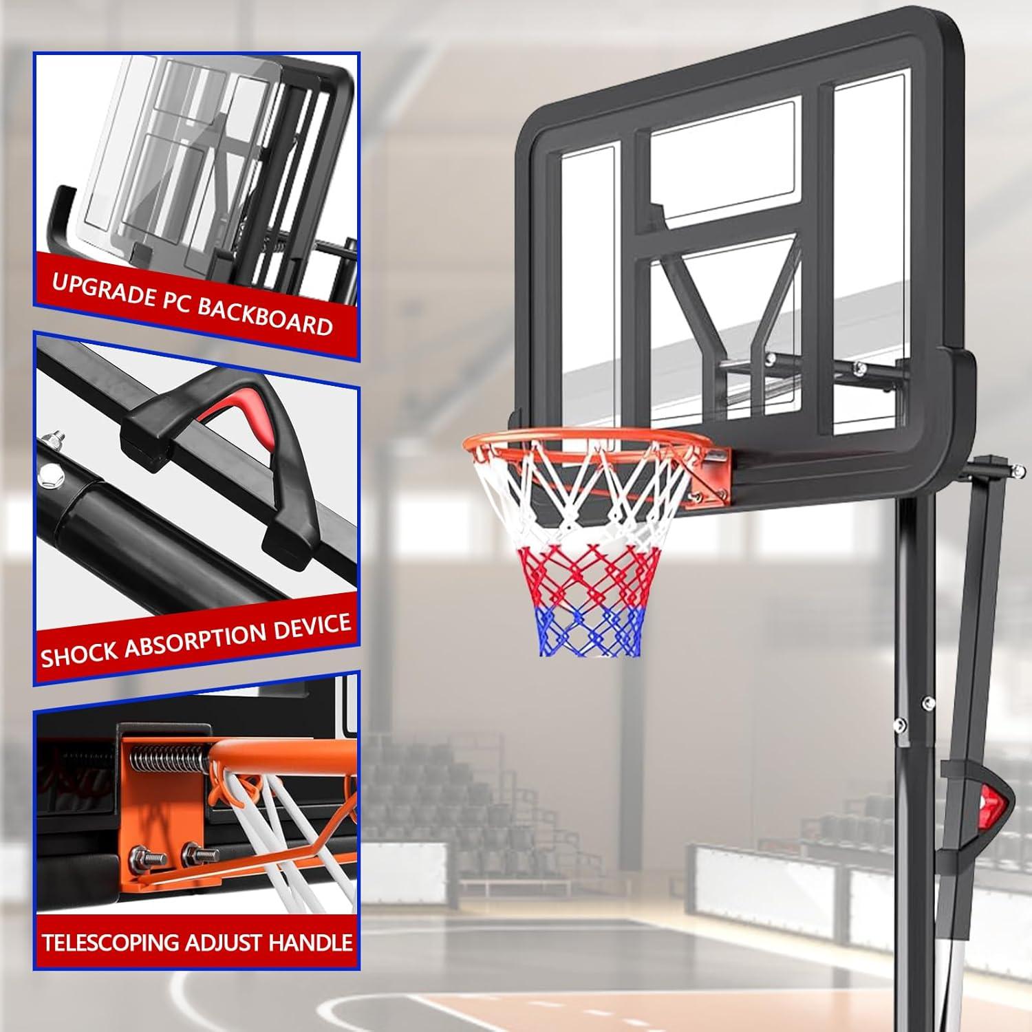 Portable Basketball Hoop,5.5-10FT Height Adjustable Outdoor Basketball Hoop Goal with 44 Inch Impact Backboard and Portable Wheels for Youth Adults Play in Backyard/Courts/Indoor
