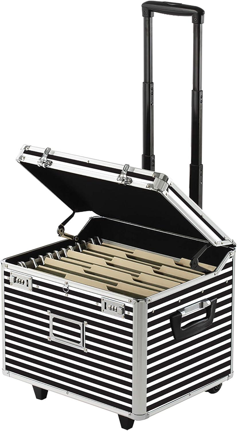 Vaultz Locking Mobile Rolling File Storage Chest, Letter/Legal Wheelie Case, Black/White Stripes
