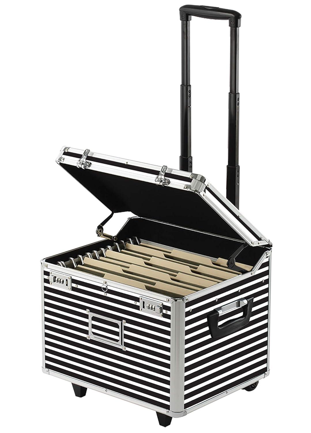 Vaultz Locking Mobile Rolling File Storage Chest, Letter/Legal Wheelie Case, Black/White Stripes