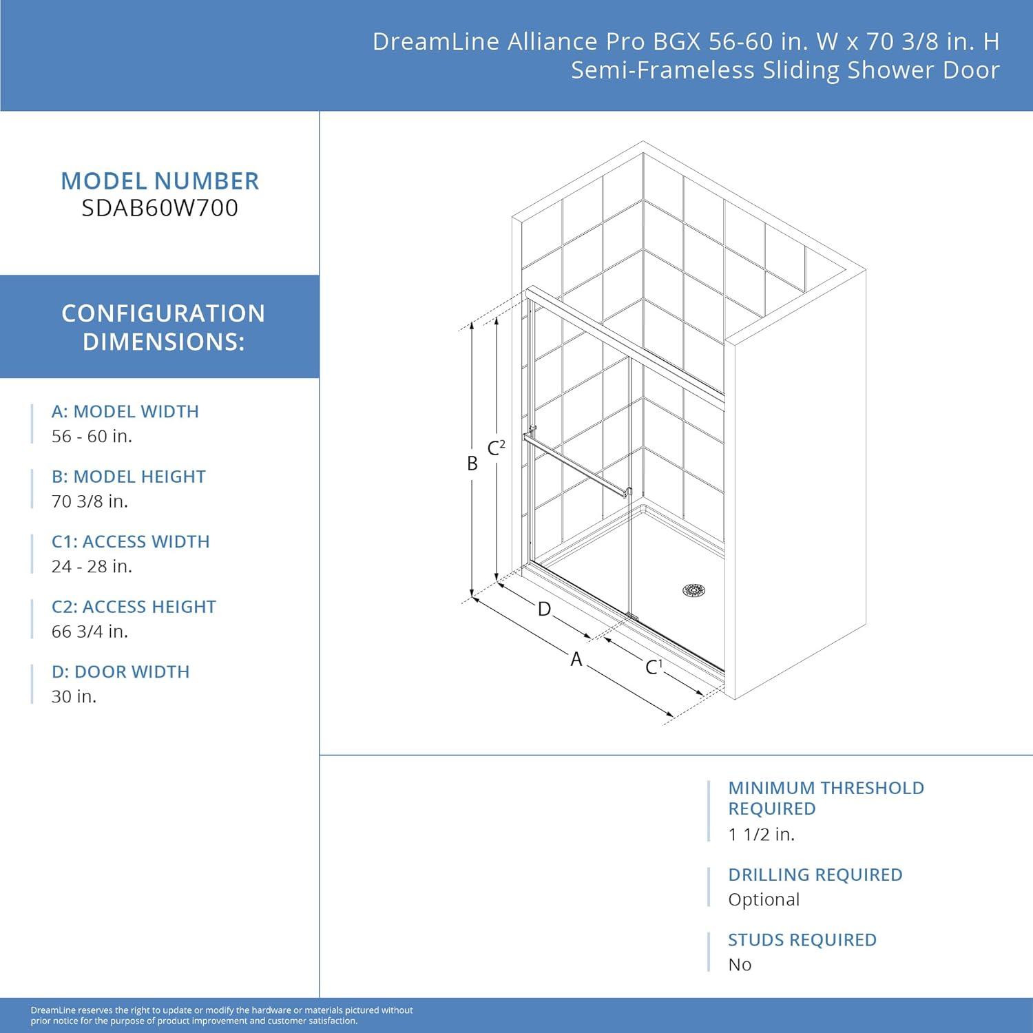 DreamLine Alliance Pro BGX 56-60 in. W x 70 3/8 in. H Semi-Frameless Sliding Shower Door