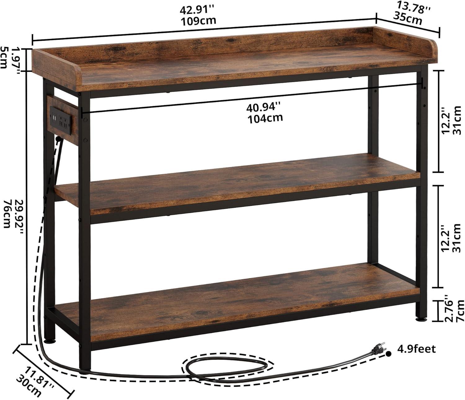 Rustic Brown 43" Console Table with Power Outlet and Storage