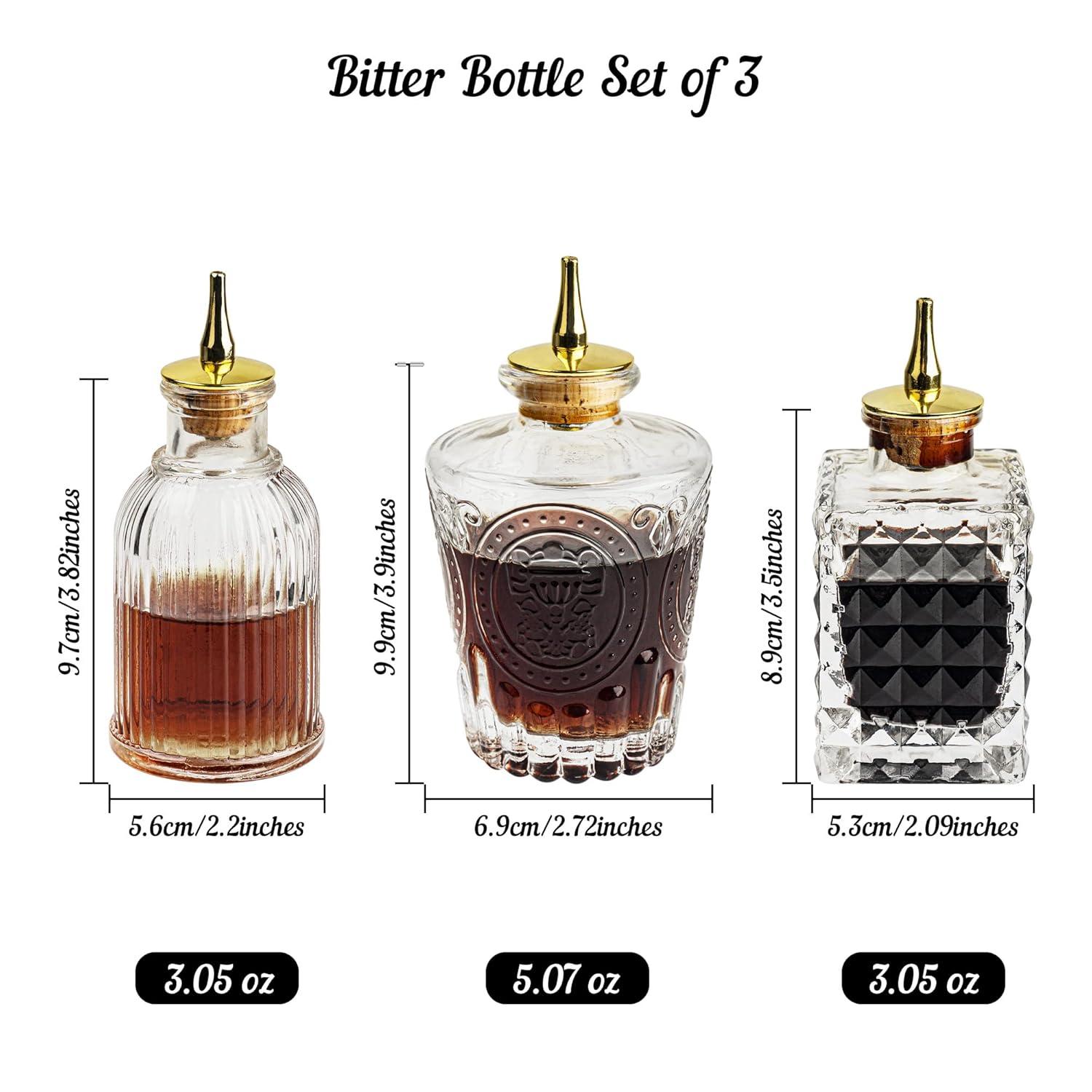 LINALL Bitters Bottle Set - Glass Vintage Bottle, Decorative Bottles with Dash Top, Dasher Bottles for Making Cocktail Great For Bartender Home Bar (3 pack)