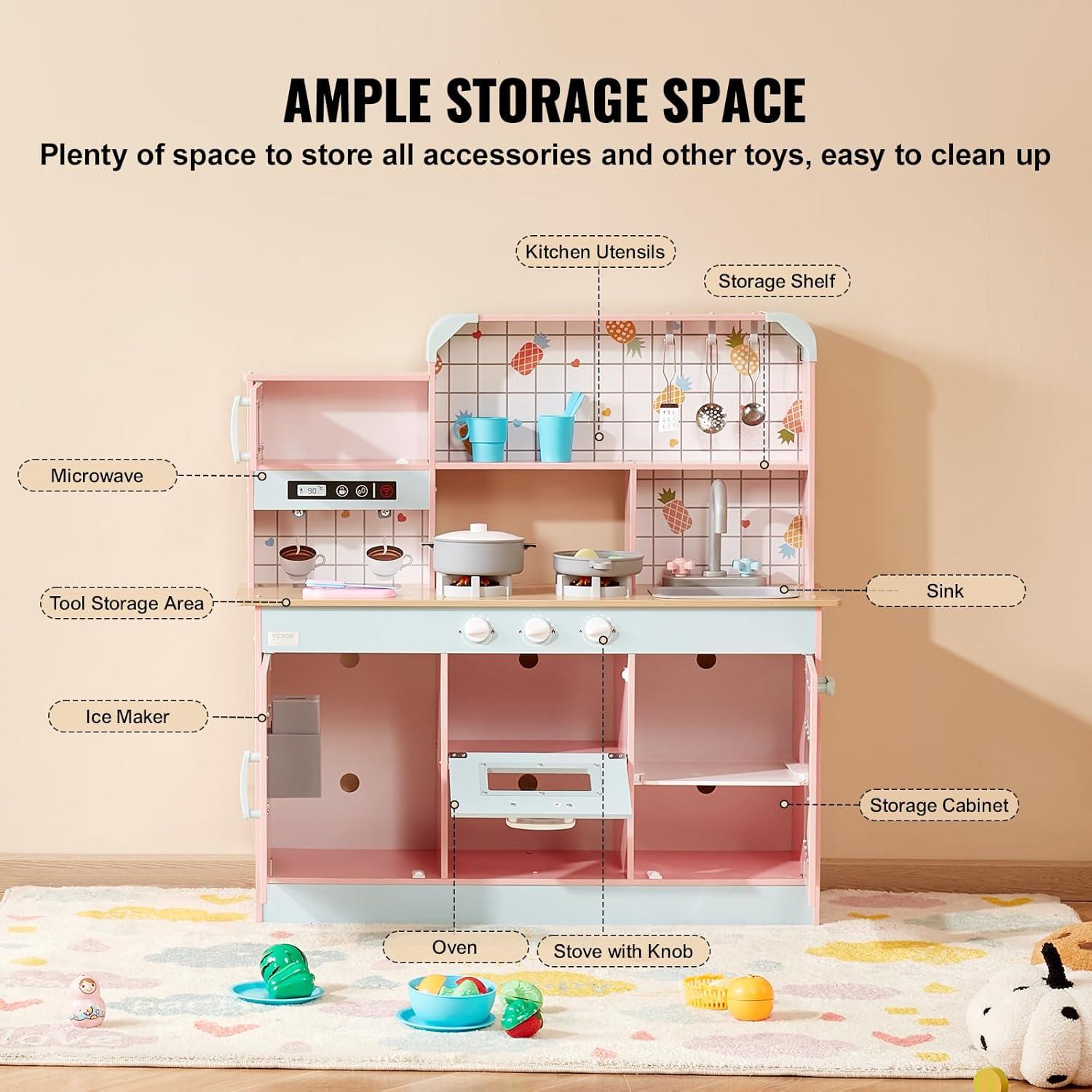 VEVOR Play Kitchen for Kids, Wooden Toy Kitchen Set with Lights and Sounds, Toddler Kitchen with Ice Maker, Oven, Sink, Microwaves, Fridge and Utensil and Fruit Accessory for Toddlers ages 3-8, Pink