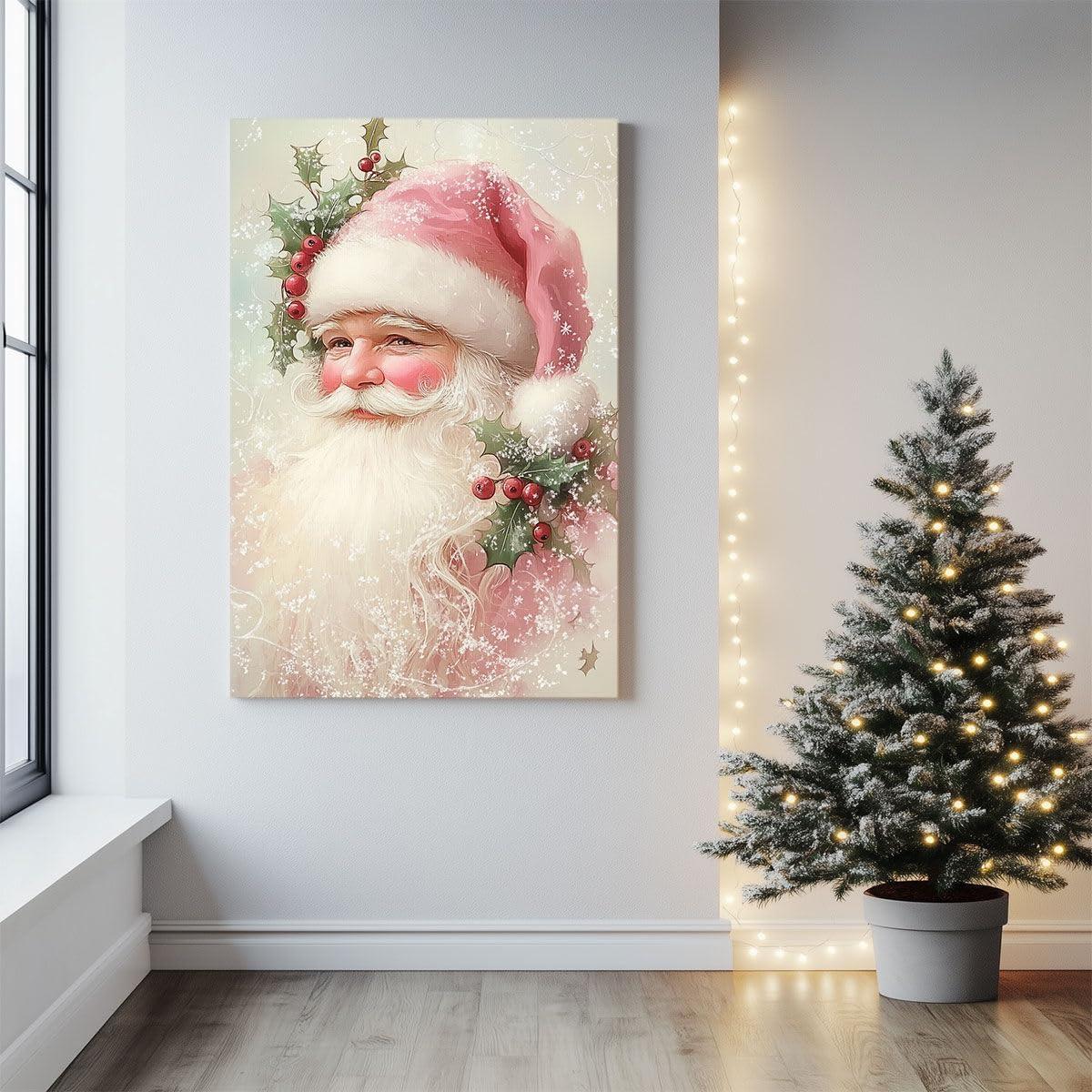 Reccmeny Vintage Christmas Canvas Wall Art, Santa Claus Pictures for Wall Decor, Xmas Poster Santa white Wooden Texture Picture, Holiday Wall Decorations Gifts