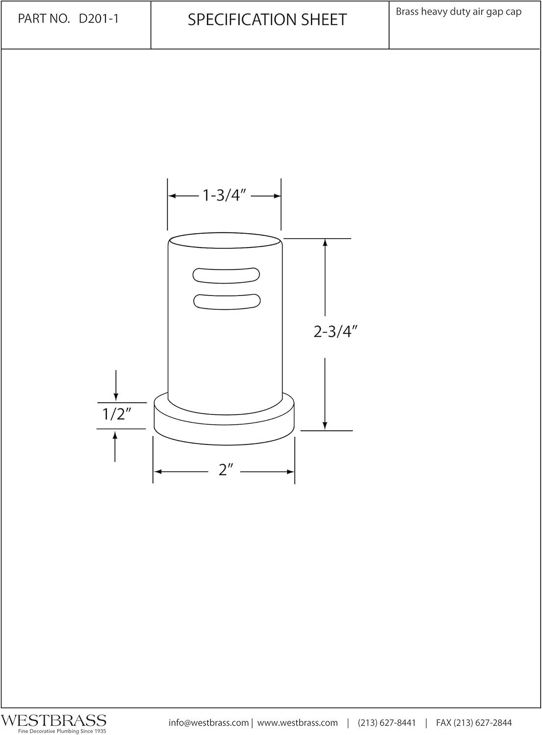 1-3/4" x 2-3/4" Solid Brass Air Gap Cap Only, Skirted