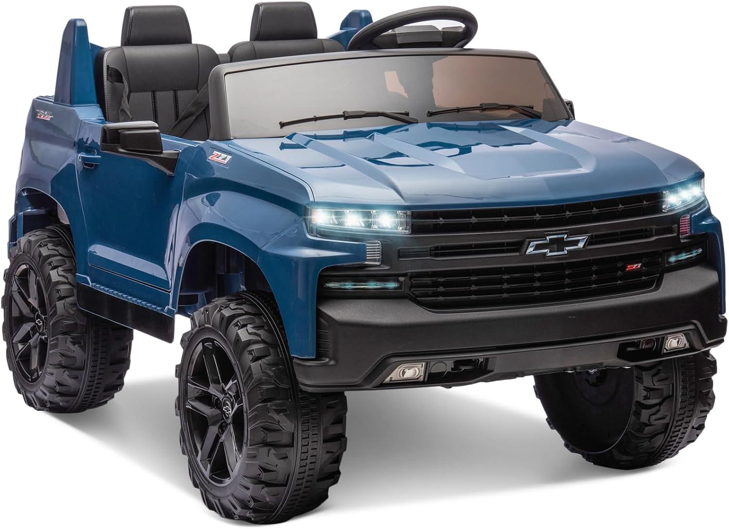 Chevrolet Silverado 24V Powered Ride on Cars for Kids, Extra large Real 2 Seat Ride on Toys with Remote Control, LED Light, MP3 Player, Electric Vehicles Ride on Truck for Boys Girls Gifts, Blue