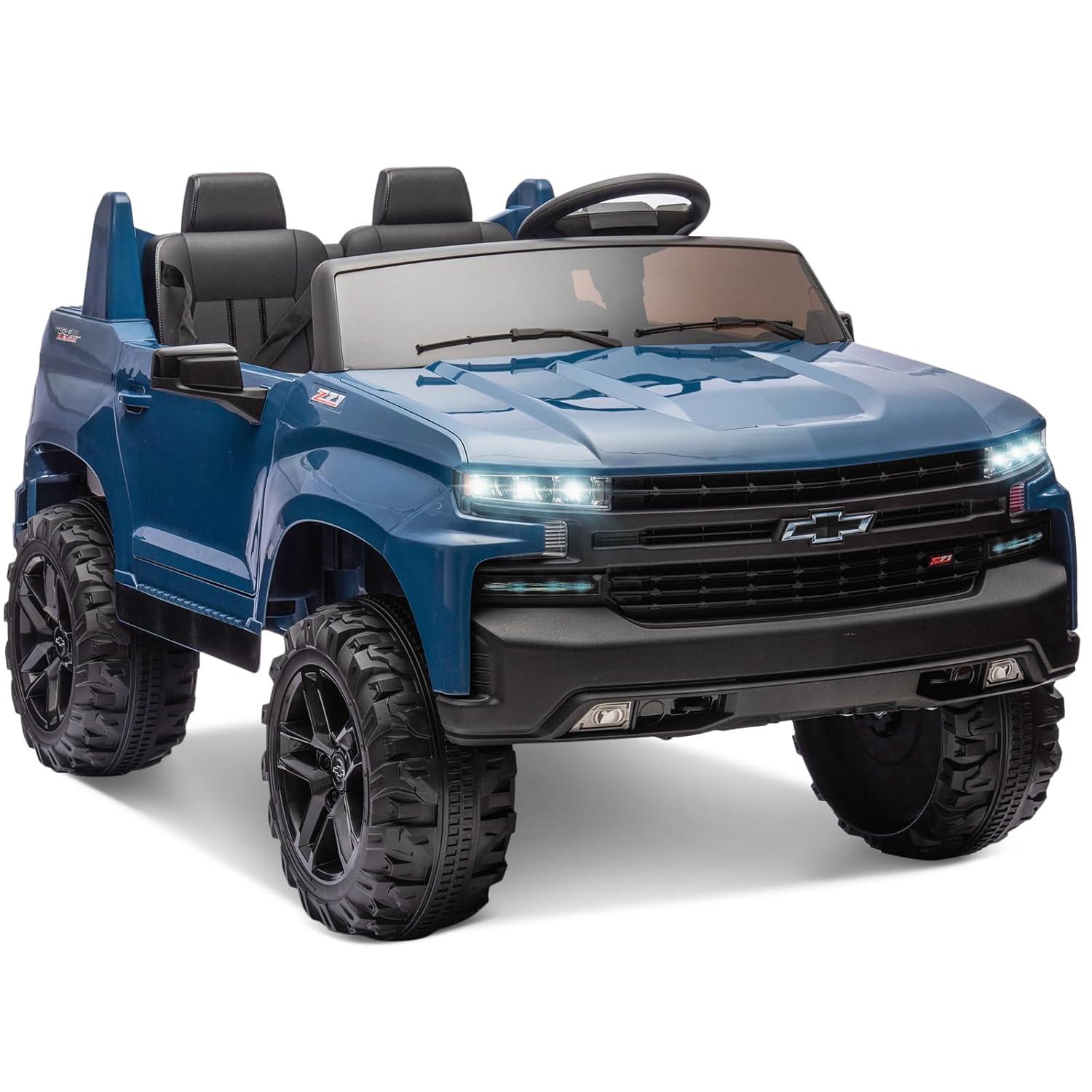 Chevrolet Silverado Autos Ride on con Motor de 24 V para Niños, Juguetes Ride on Extra Grandes de 2 Asientos con Control Remoto, Luz LED, Reproductor de MP3, Vehículos Eléctricos Camión Ride on para Niños y Niñas, Regalos, Azul