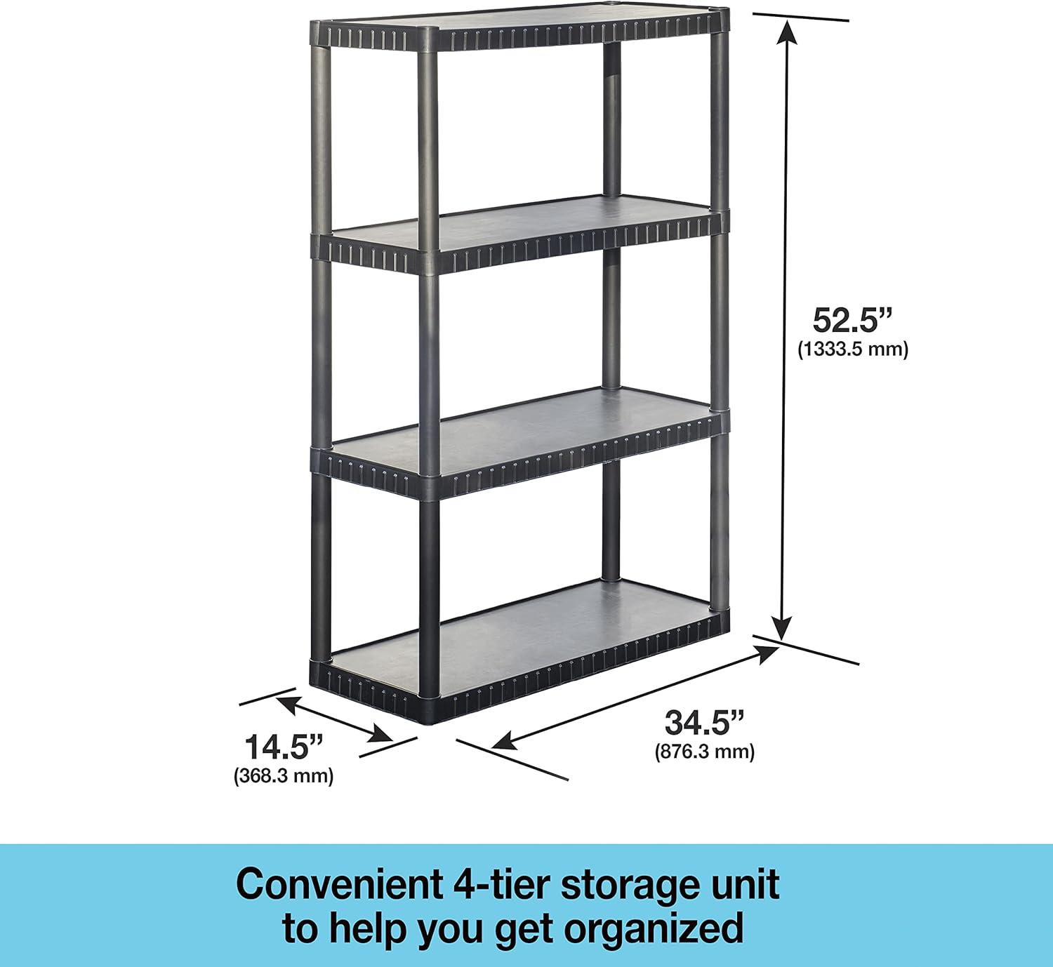 4-Tier Medium Duty Solid Storage Shelf, 75lbs/Shelf (52.1”H x 34.8”W x 14.6”D), Plastic Shelving Unit for Garage, Storage Room, Black