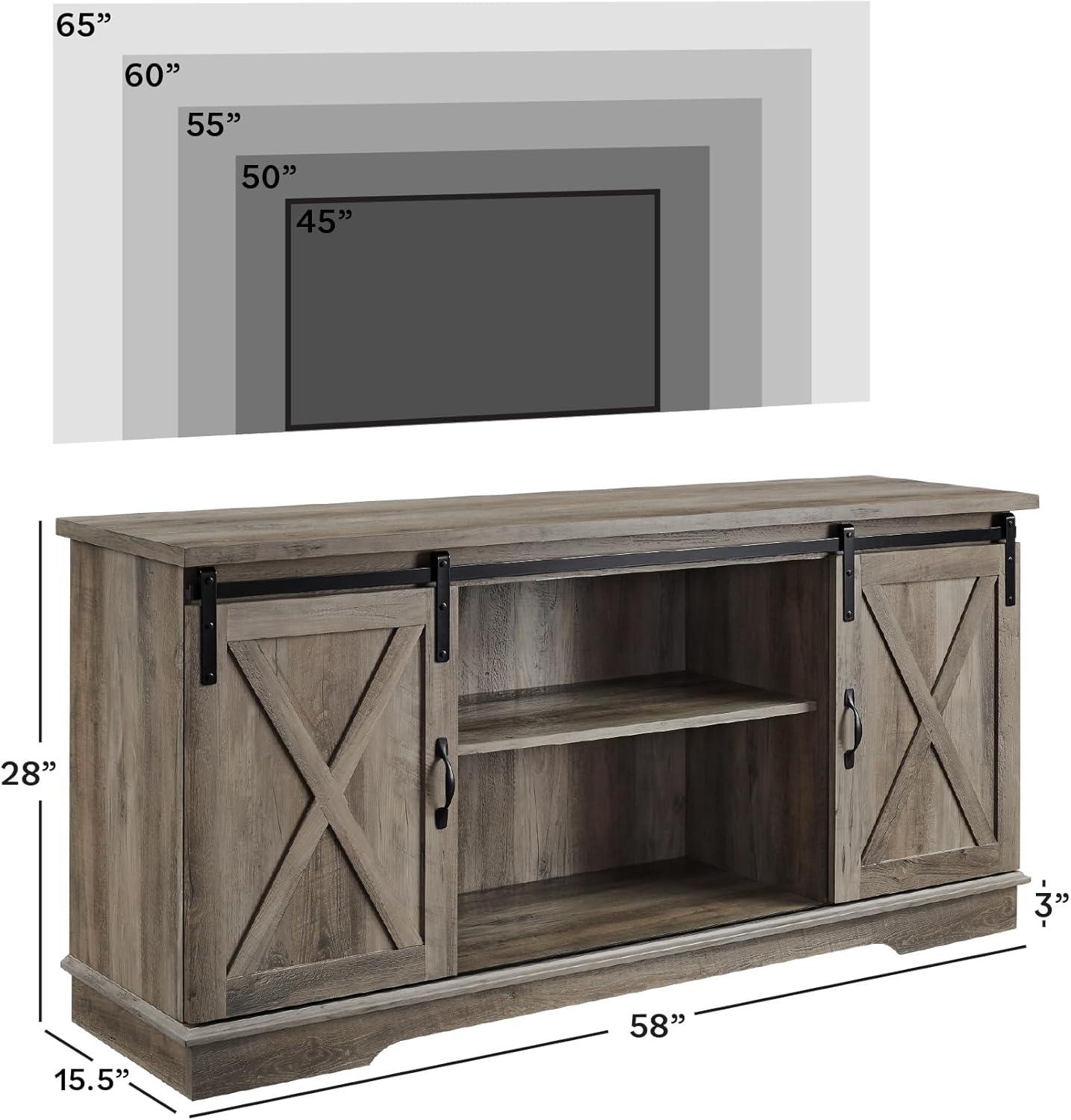 58" Modern Farmhouse Wood TV Stand with Sliding Barn Doors - Solid White Oak