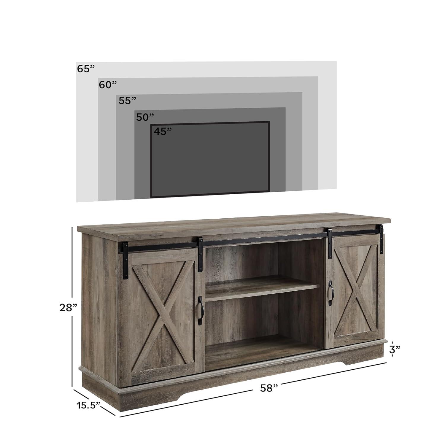 58" Modern Farmhouse Wood TV Stand with Sliding Barn Doors - Solid White Oak