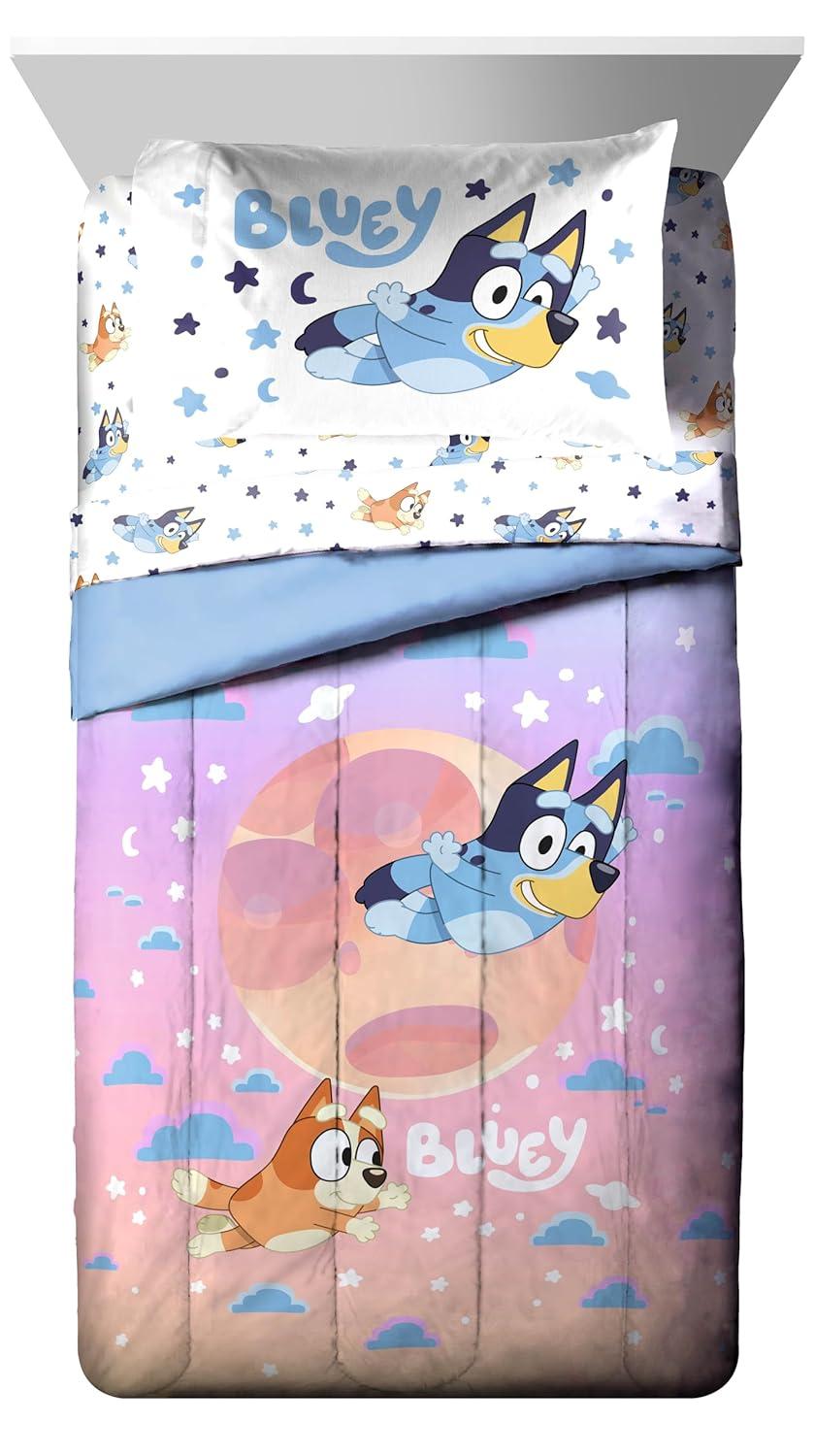 BBC Bluey Sisters Sleepy Time 5 Piece Twin Size Kids Bed Set with Shams