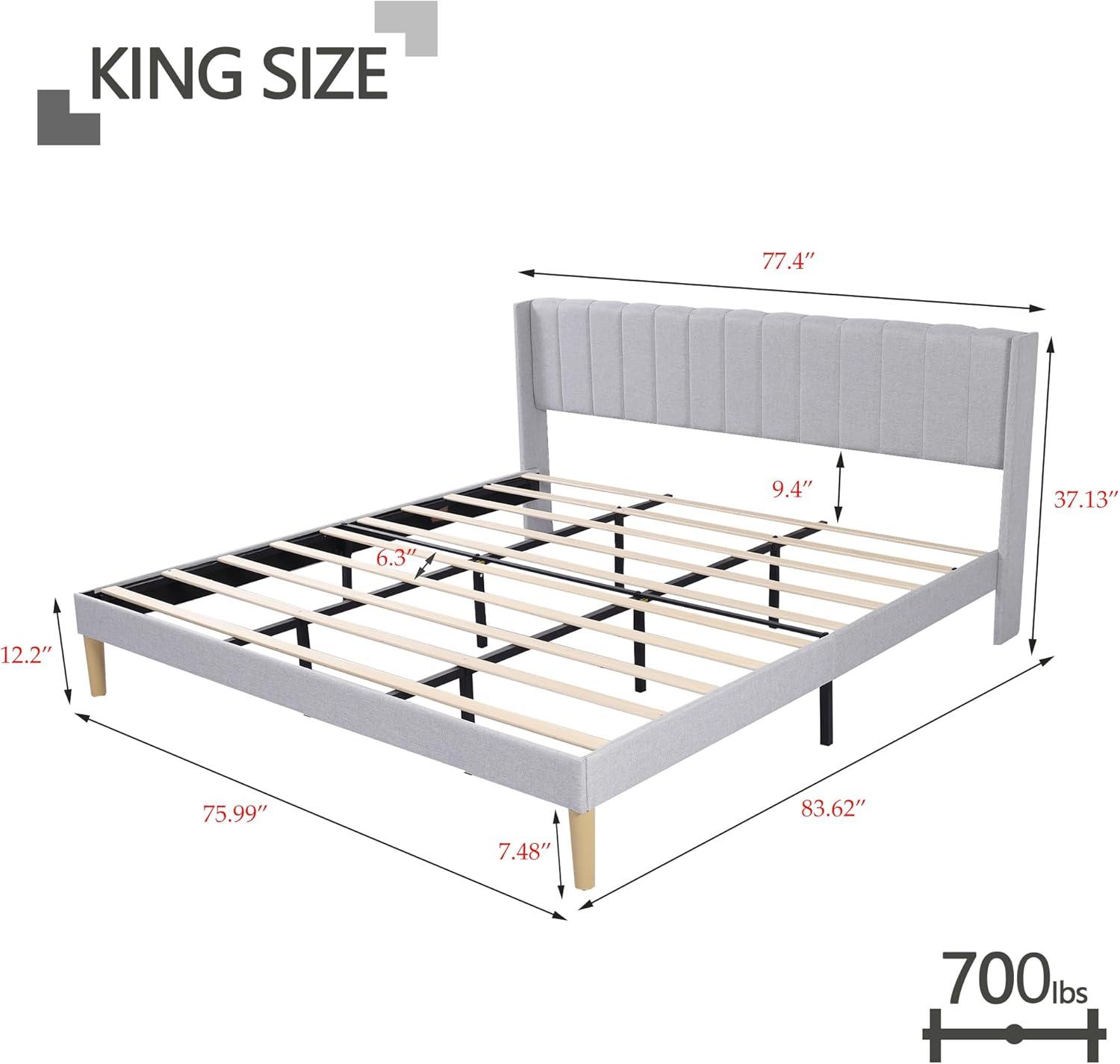 alazyhome Upholstered Platform King Size Bed Frame with Headboard Wooden Slats Support No Noise Easy Assembly Light Grey Linen
