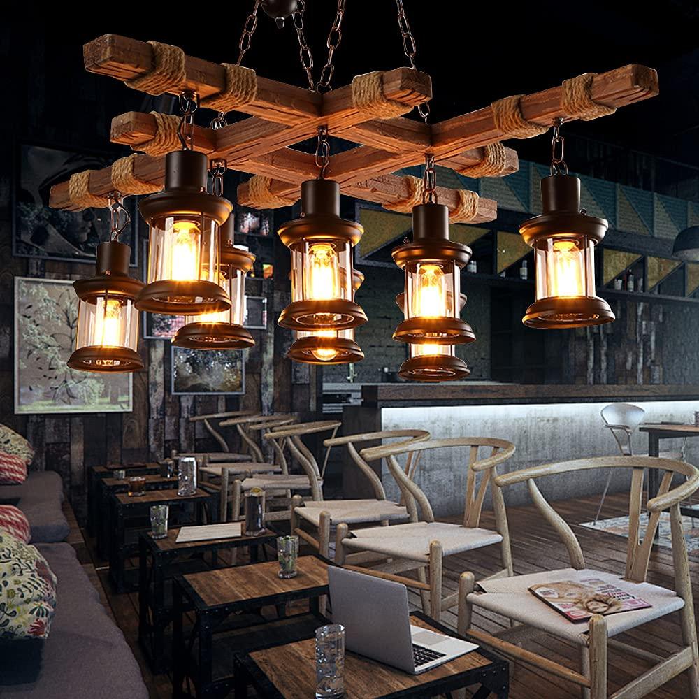 Rongfun 8-Light Rustic Country Chandelier Wood Pendant Lamp Industrial Ceiling Fixture