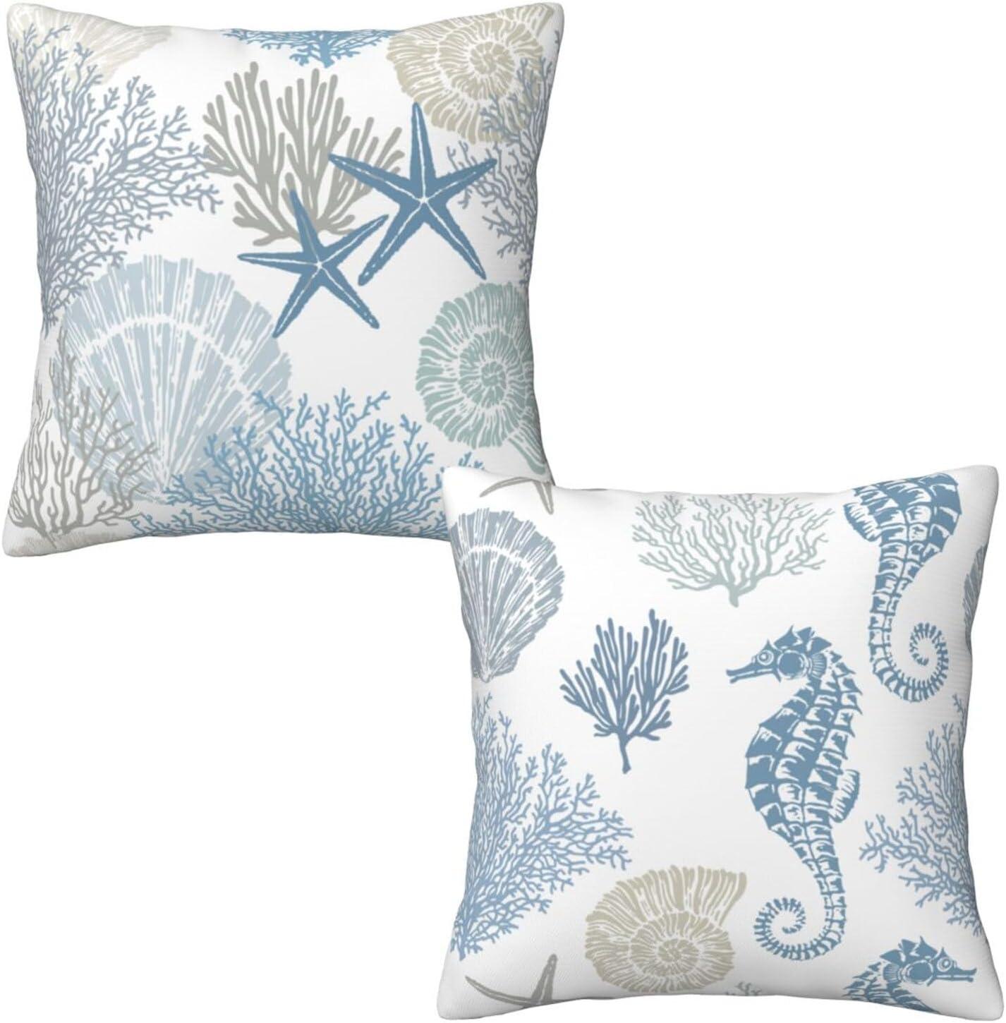 Nautical Coastal Starfish and Coral 18x18 Polyester Pillow Covers, Set of 2