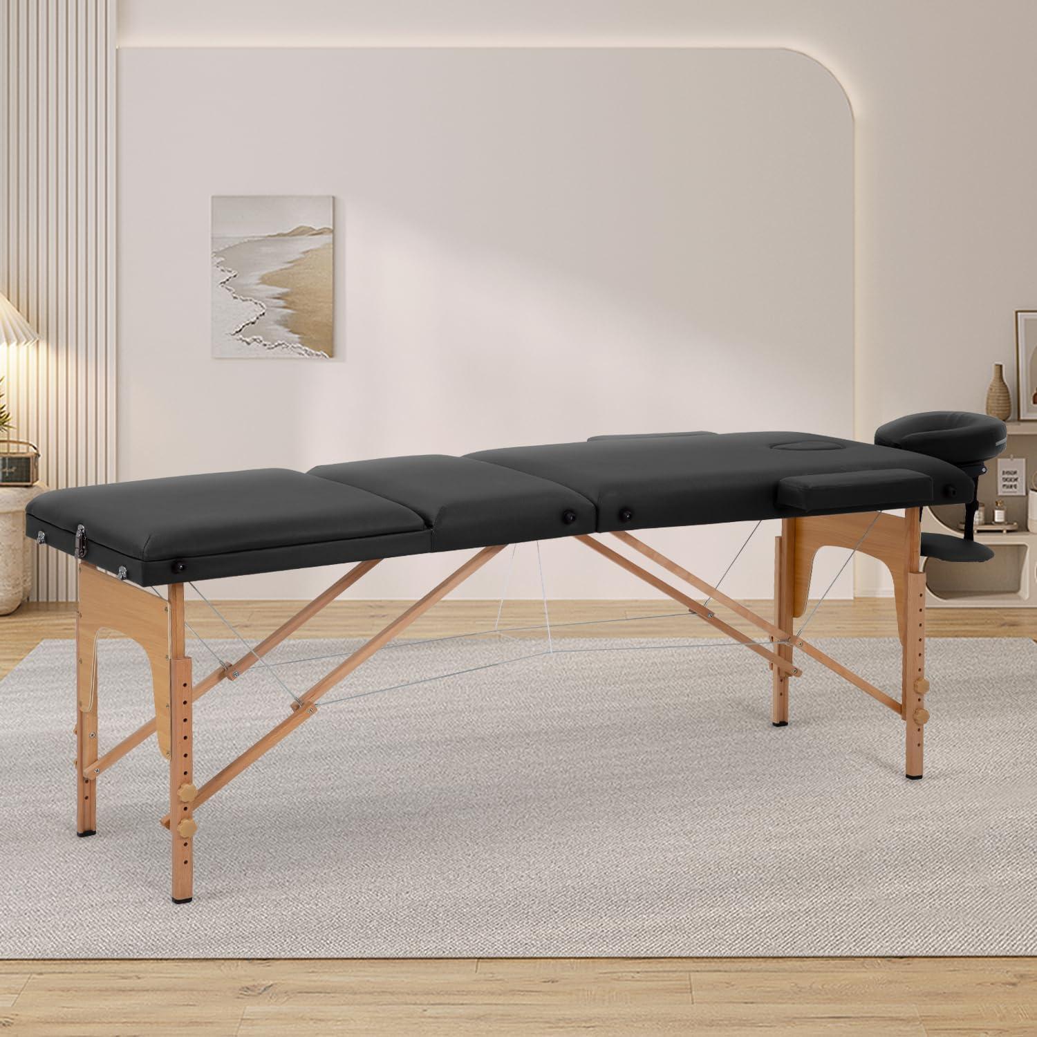 Black Adjustable Portable 3-Fold Massage Table with Beech Wood Frame