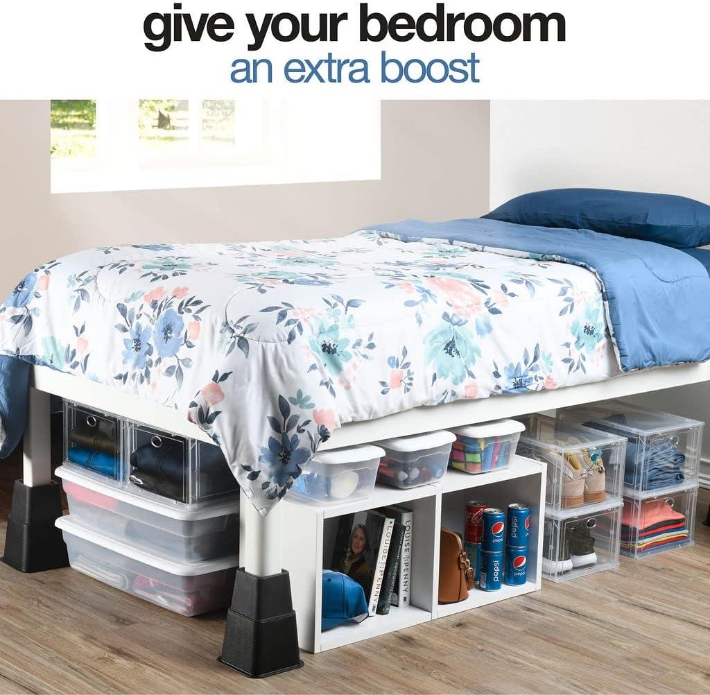 8 Pack Bed Risers, Heavy Duty Bed Furniture Risers, Adjustable Bed Elevators in Heights 3 or 5 inch, Stackable Risers for Sofa, Chair, Desk, Table Legs, Black