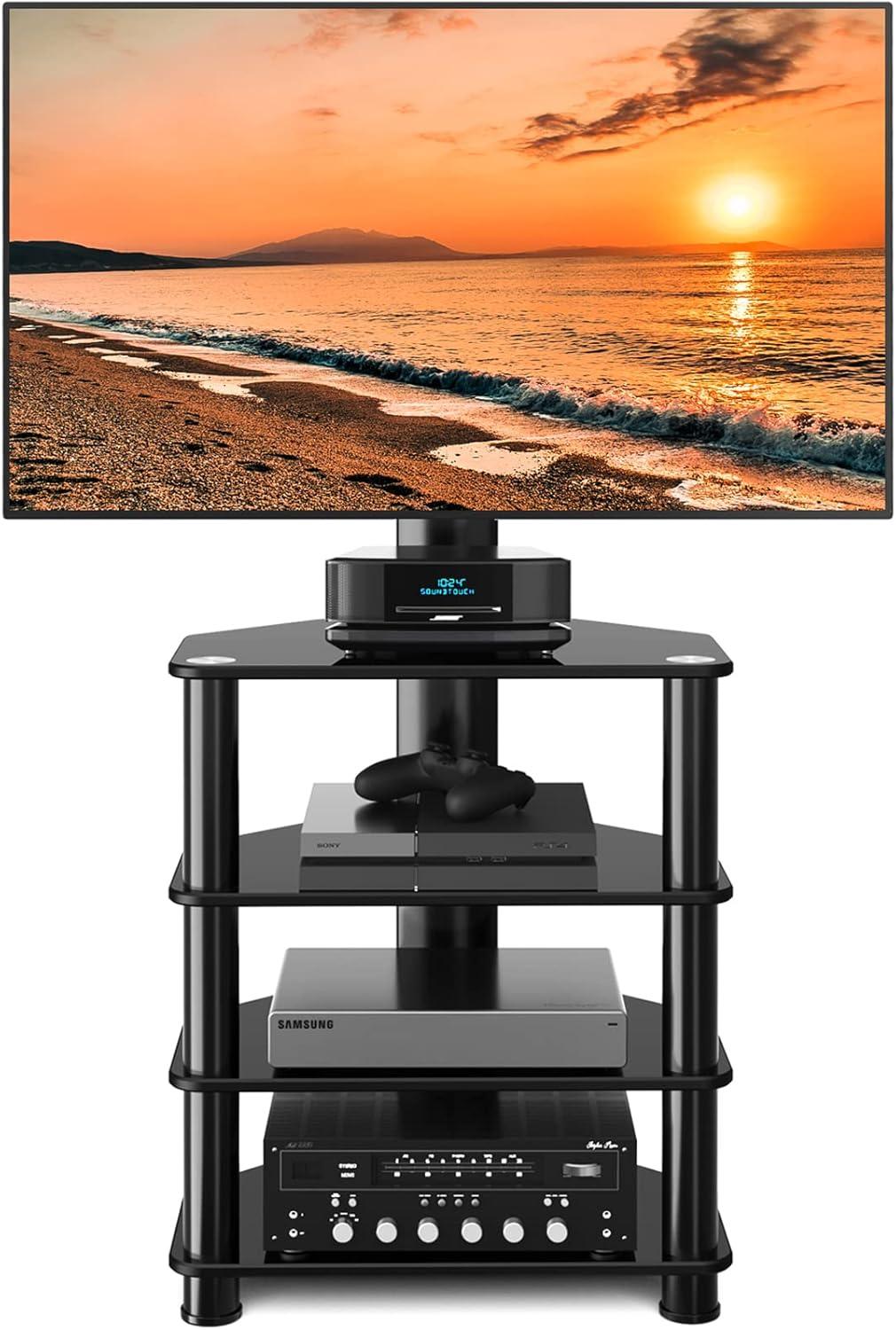 4-Tiers Media Component TV Stand with Swivel Mount Audio Shelf and Height Adjustable Bracket, Black Floor TV Stand for 32-70 Inch LCD LED OLED Flat/Curved Screen TVs