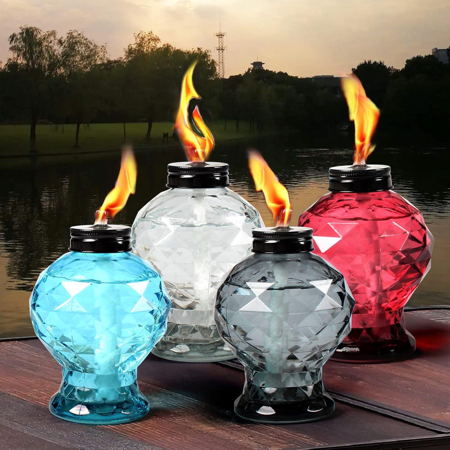 TRAHOO-4 Pack Glass Table Top Light Torches for Outside, Easy to Refill Glass Citronella Torches Outdoor Lanterns, Wick and Cap Included Torch for Garden Patio Yard Party