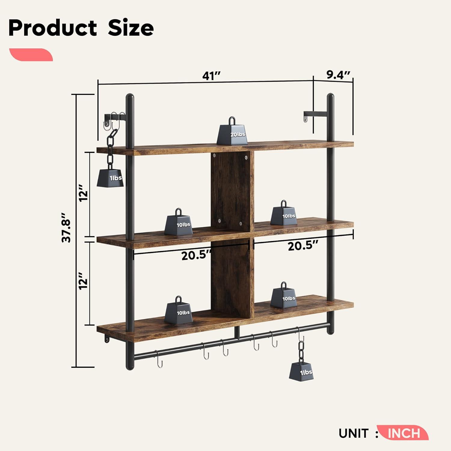 Bestier 41" Industrial Pipe Shelves Wall Mount, 3-Tier Floating Shelves for Kitchen Bedroom Bathroom in Rustic